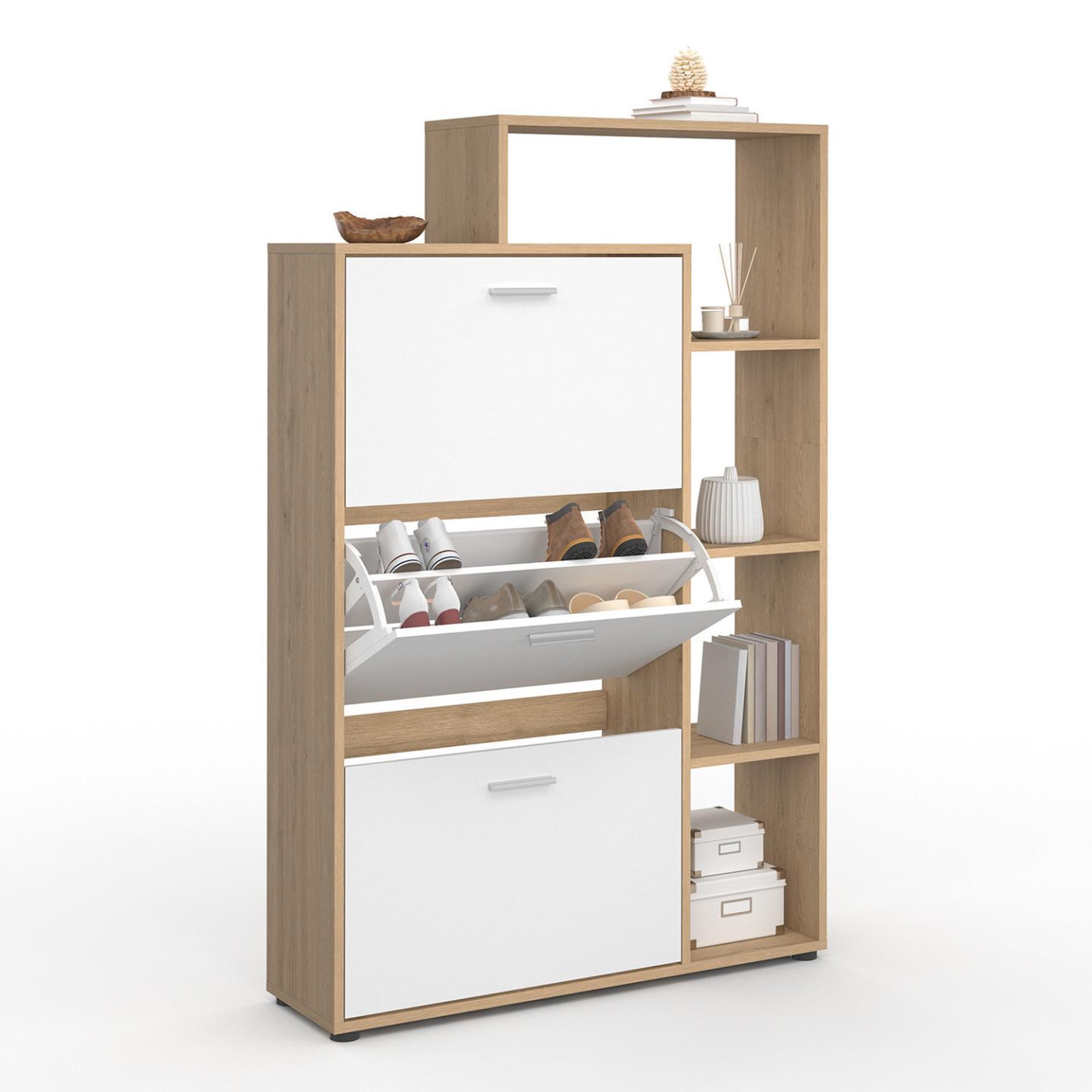 ID MARKET Meuble à chaussures 18 paires klark imitation hêtre 3 portes blanches avec étagère