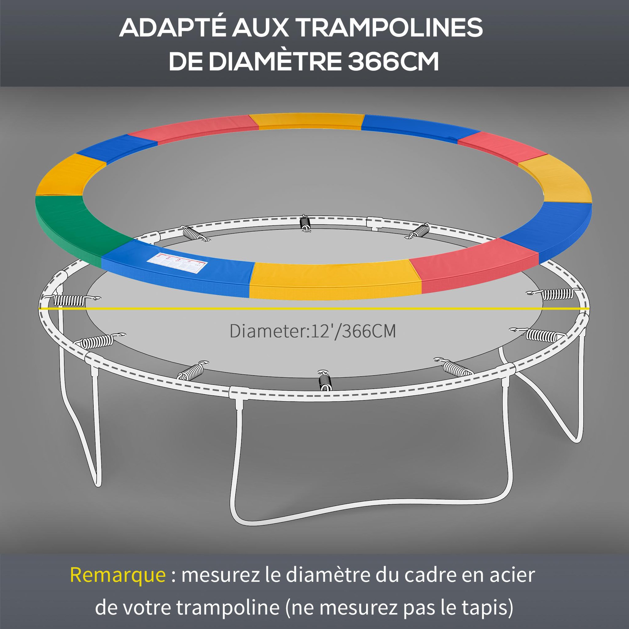 Voir la diapositive 6 : HOMCOM Couvre-ressort trampoline Ø 366 cm PVC PE haute densité rembourrage 15 mm multicolore