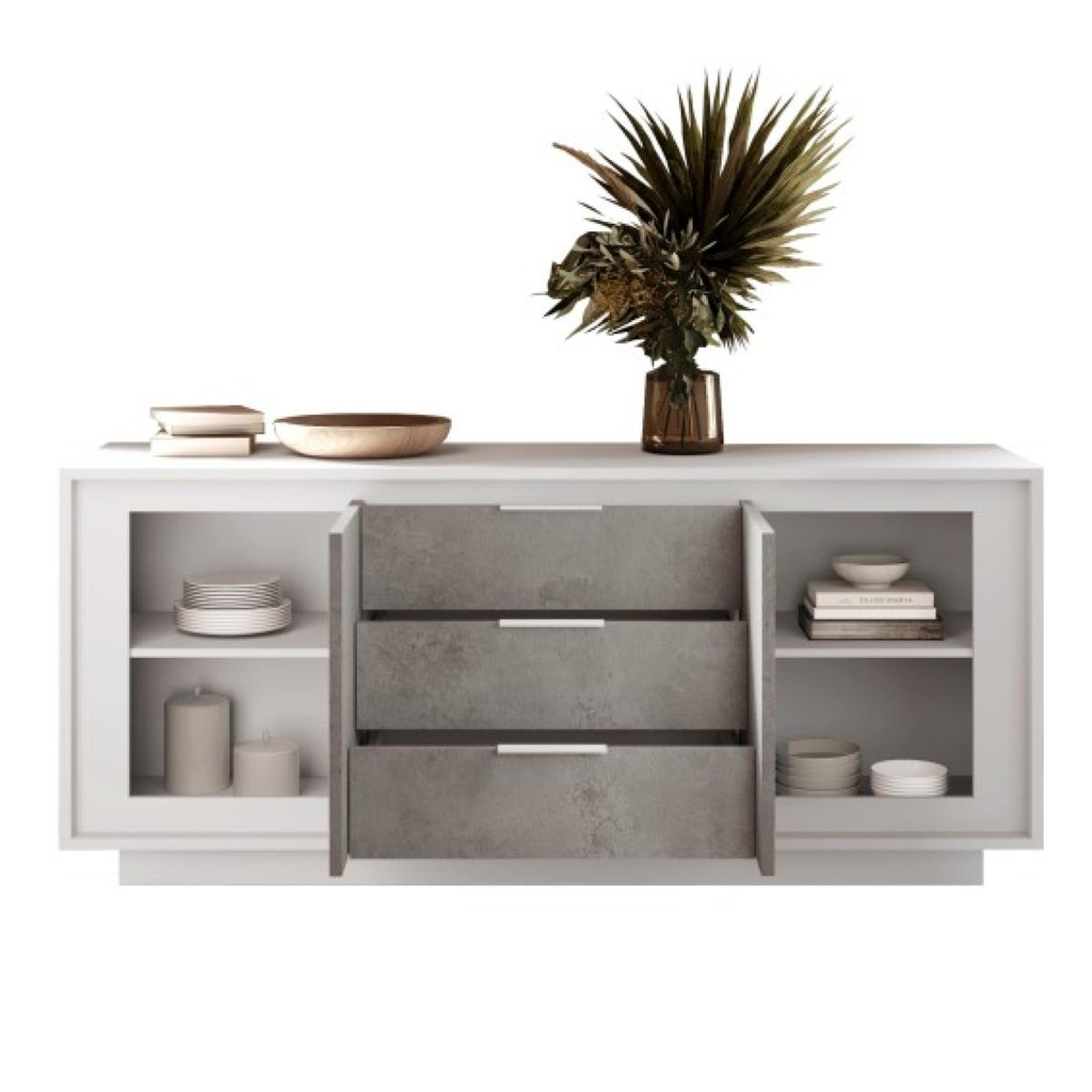 Voir la diapositive 3 : JLC KREATION Buffet bas blanc et gris béton 2 portes-3 tiroirs 180cm yori