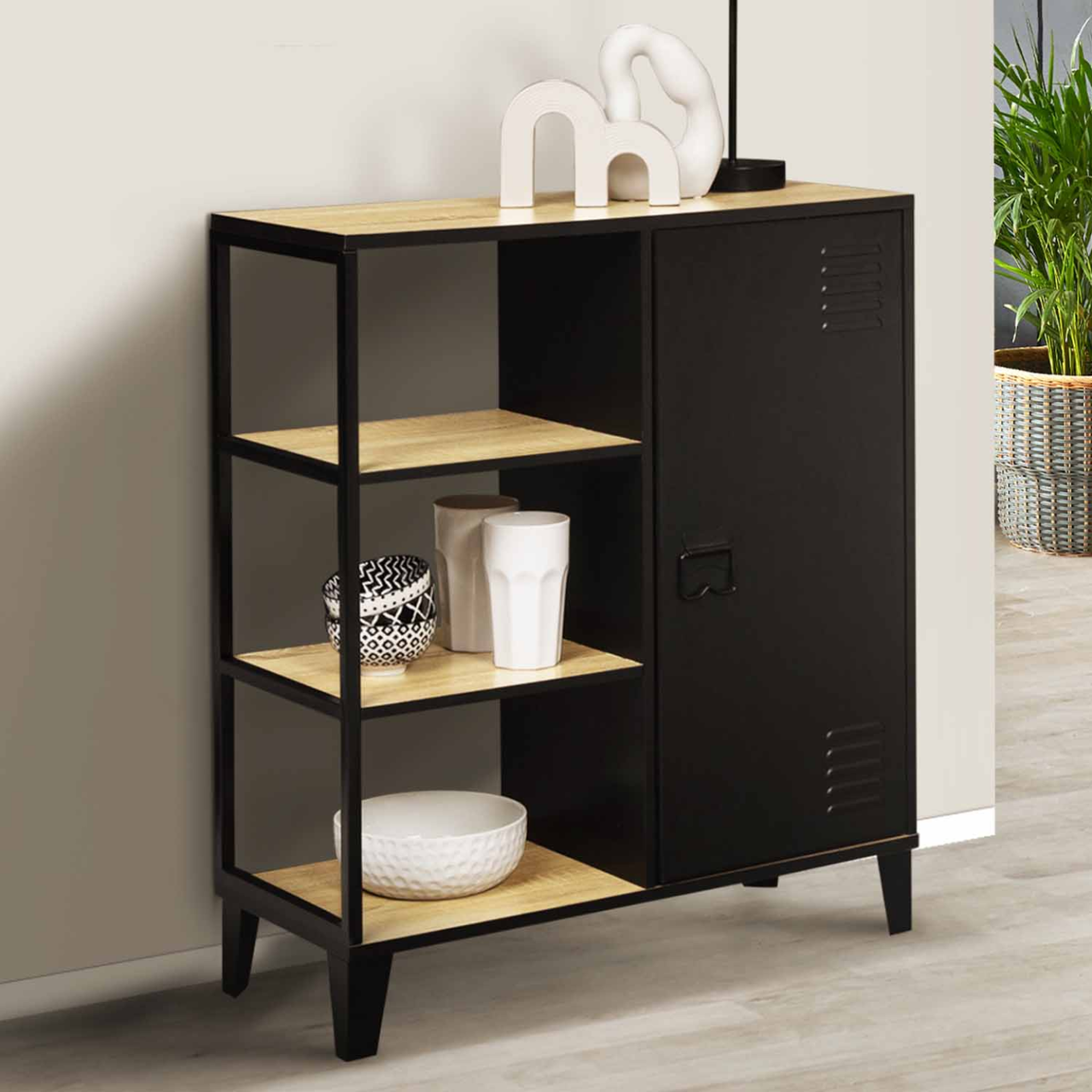 Voir la diapositive 2 : ID MARKET Buffet d'appoint 3 étagères et placard métal noir et plateau bois 70 cm ester design industriel