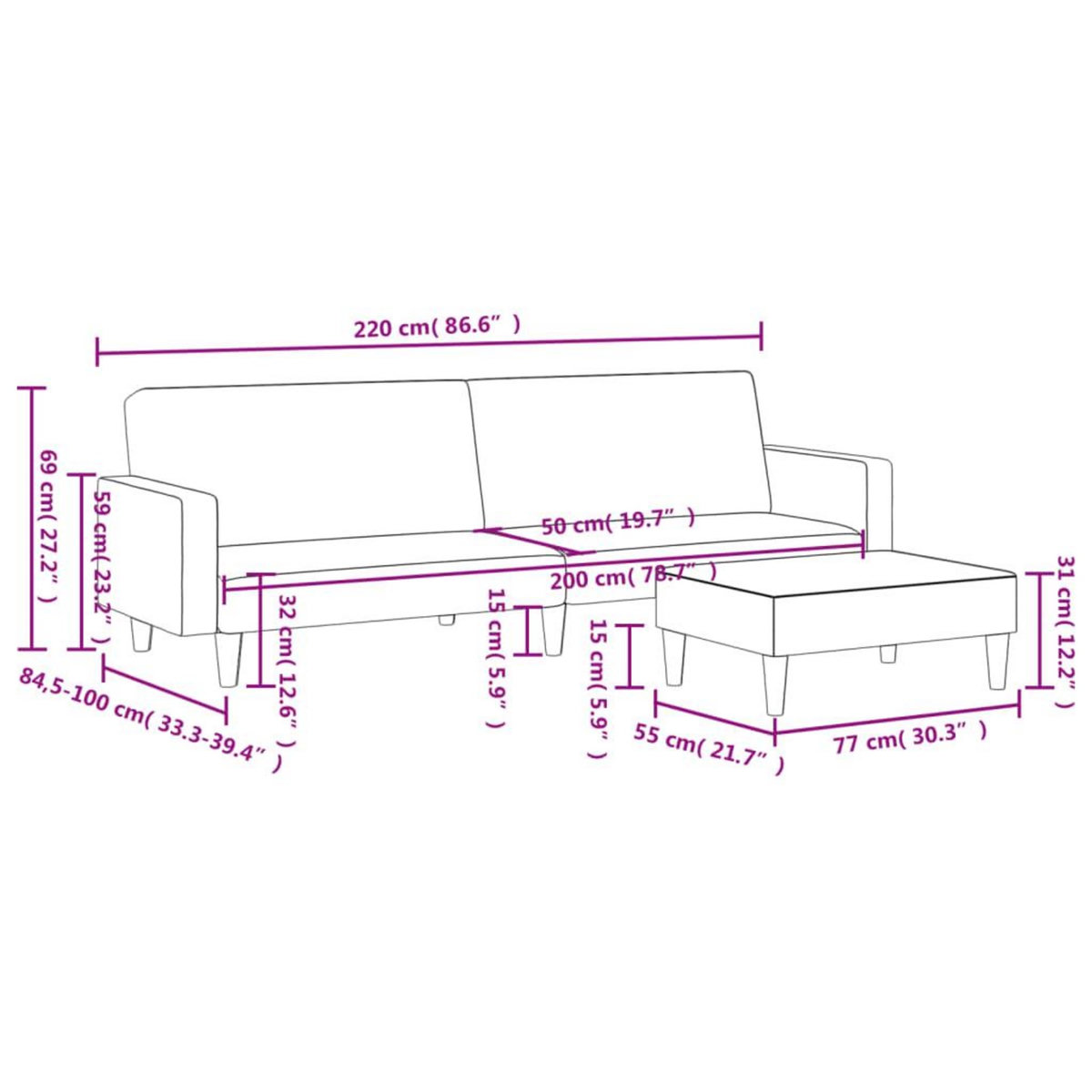 VIDAXL Canape-lit a 2 places avec repose-pied noir velours