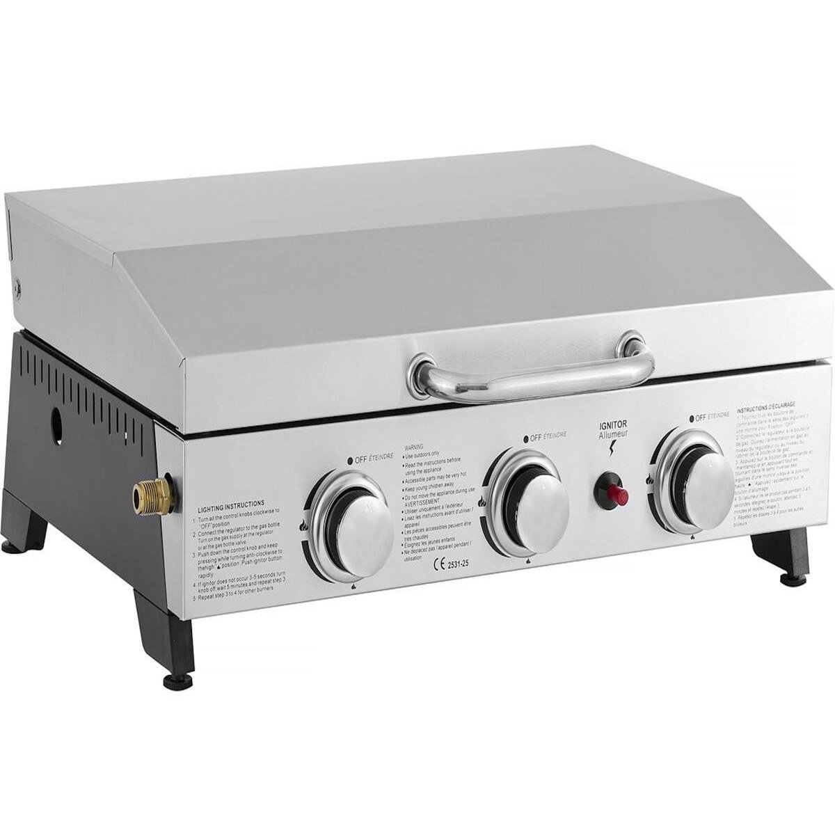 Habitat et Jardin Plancha à gaz avec 3 bruleurs et couvercle en métal  Fasto  - 7,5 kw - Gris