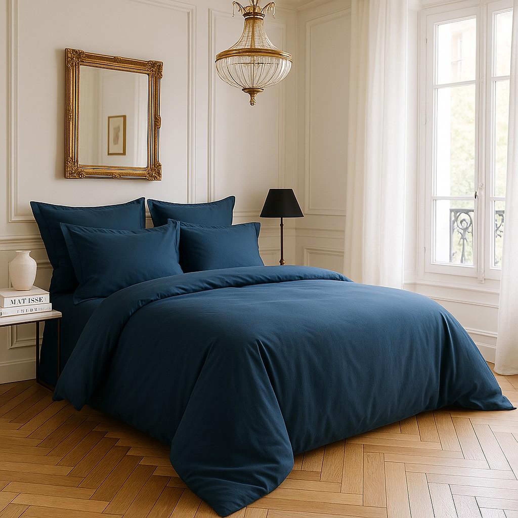 BATON ROUGE Housse de couette 1pcs 100% satin de coton 105 fils bleu marine. Coloris disponibles : Bleu