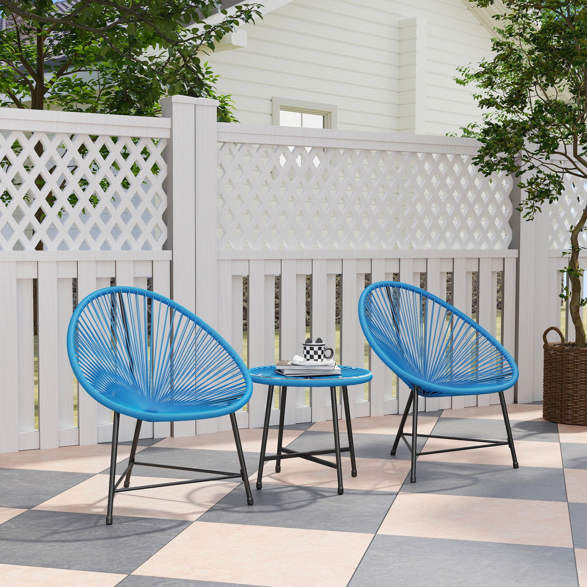 Voir la diapositive 2 : OUTSUNNY Salon de jardin 3 pcs 2 places design acapulco plateau verre trempé acier noir résine filaire bleu