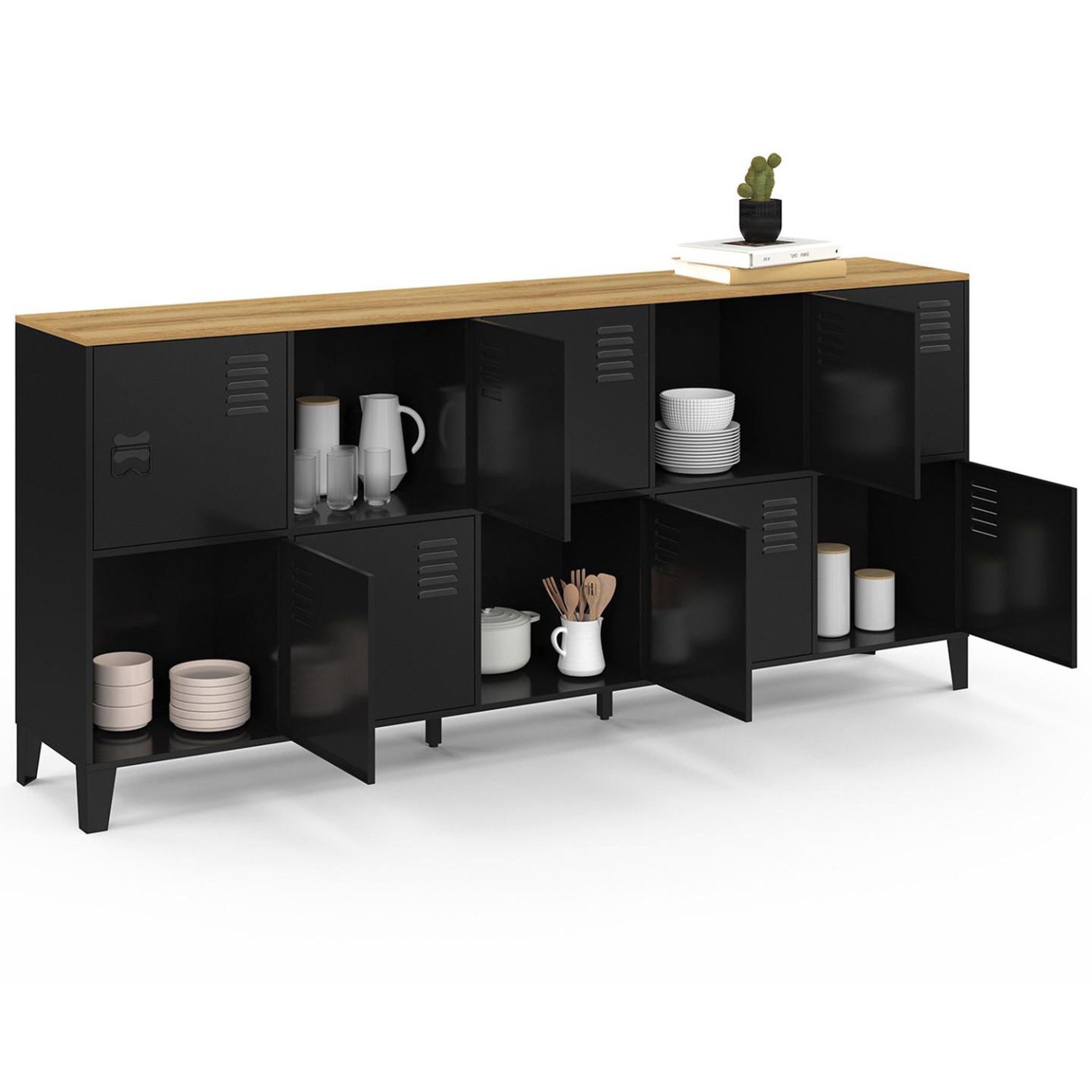 Voir la diapositive 4 : ID MARKET Buffet casier 180 cm ESTER 10 portes en métal noir plateau bois design industriel