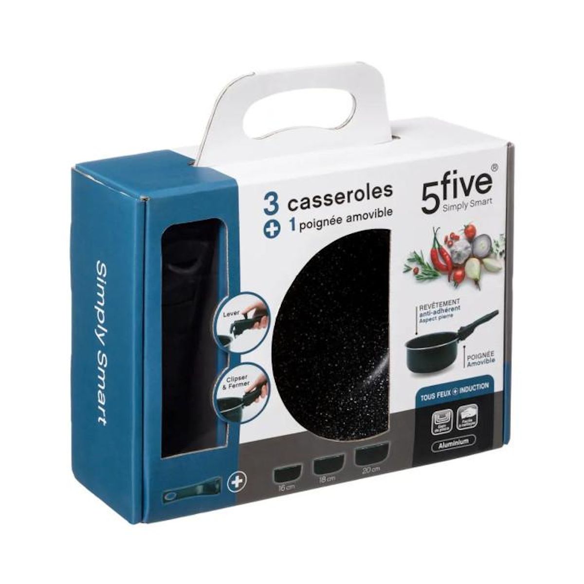 FIVE Lot de 3 Casseroles avec une poignée amovible