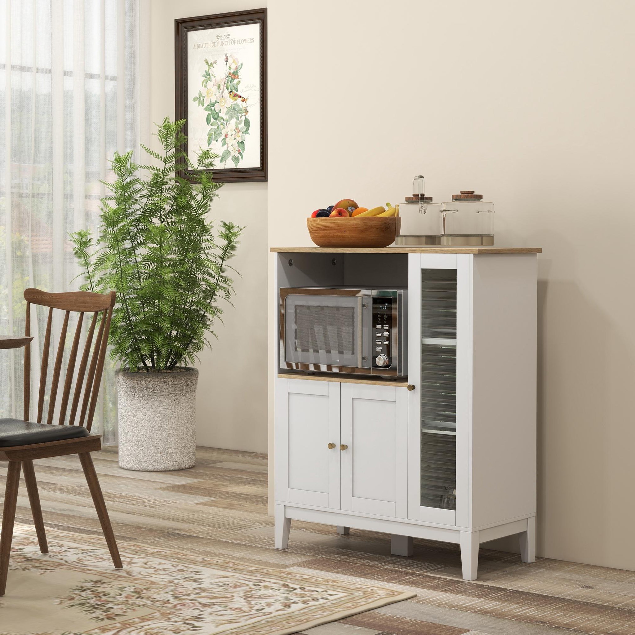 Voir la diapositive 2 : HOMCOM Buffet style classique chic - 3 portes 3 étagères niche petit électroménager - blanc aspect chêne clair