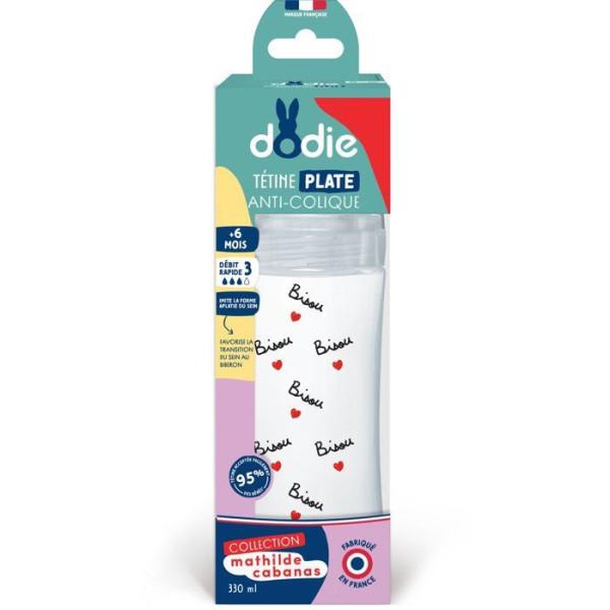 Voir la diapositive 4 : DODIE Biberon anti-colique - DODIE - 330 ml - Tétine plate X Mathilde Cabanas - 0-6 mois - Débit 3 - Transparent