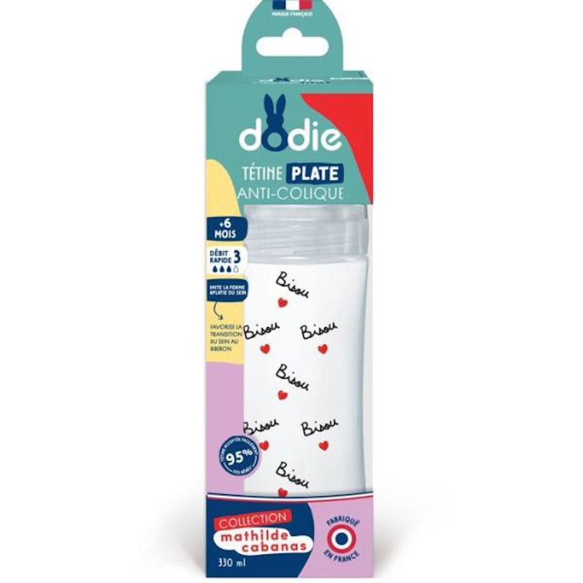 DODIE Biberon anti-colique - DODIE - 330 ml - Tétine plate X Mathilde Cabanas - 0-6 mois - Débit 3 - Transparent