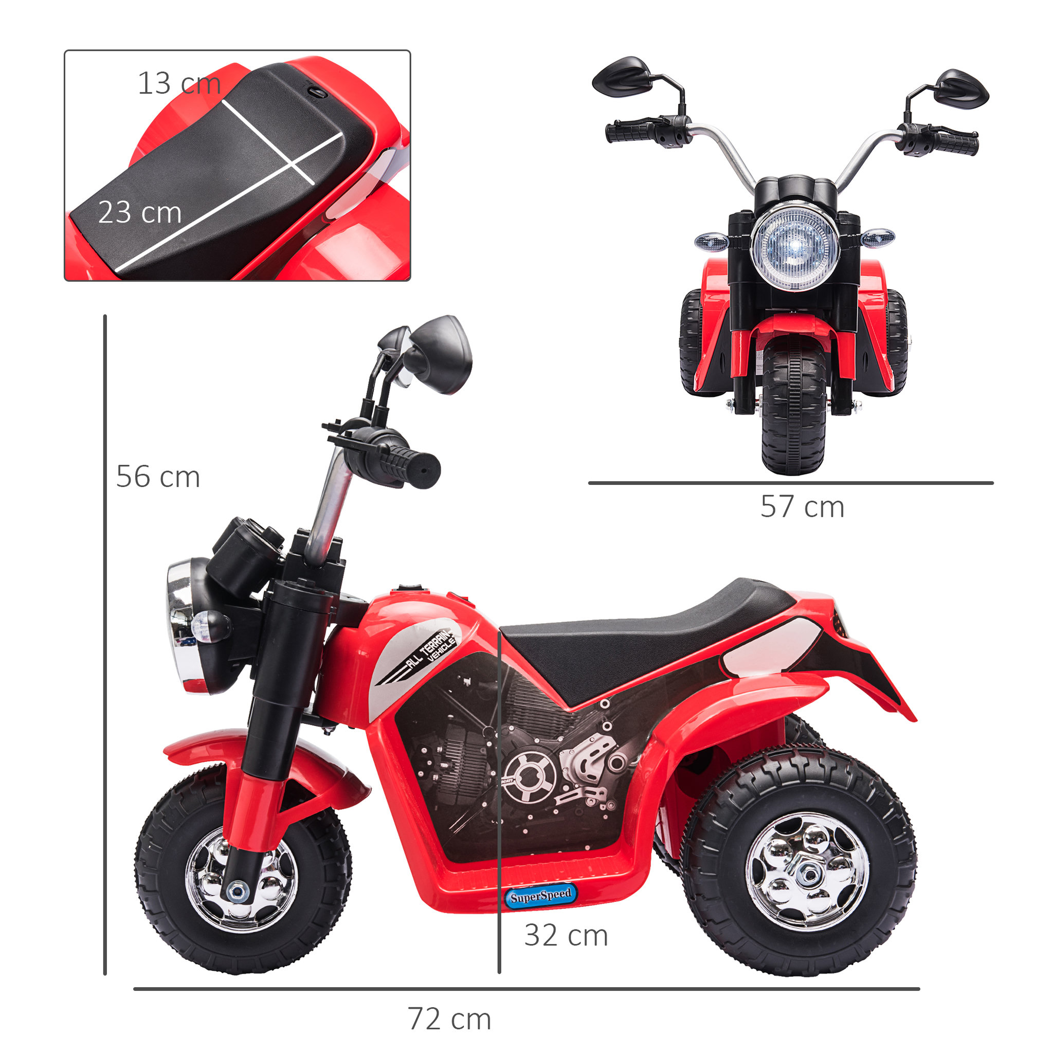 Voir la diapositive 3 : HOMCOM Moto électrique enfant chopper tout-terrain  6 V 20 W marche AV AR 3 roues effets lumineux et sonores rouge noir