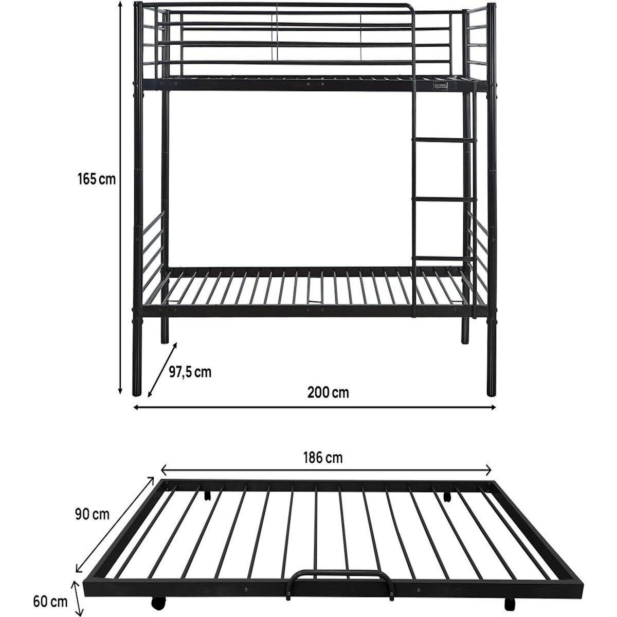 Habitat et Jardin Lit superposé avec tiroir gigogne  ADAM  -  90 x 190 cm - Métal - Noir