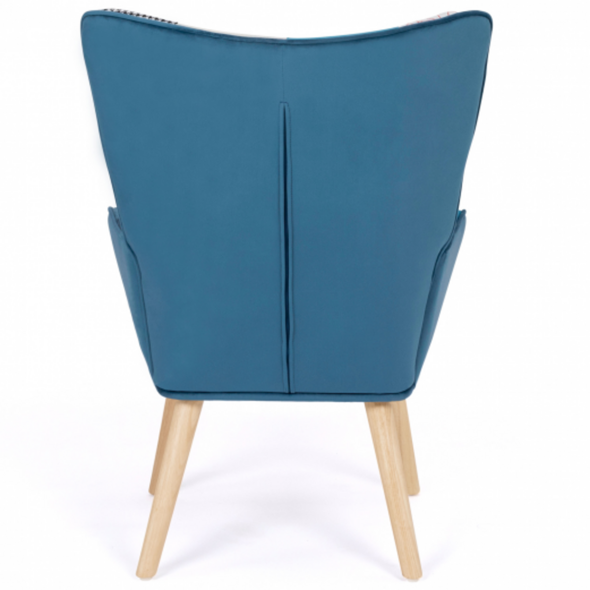 ID MARKET Fauteuil scandinave IVAR avec repose pieds en tissu patchwork et velours bleu