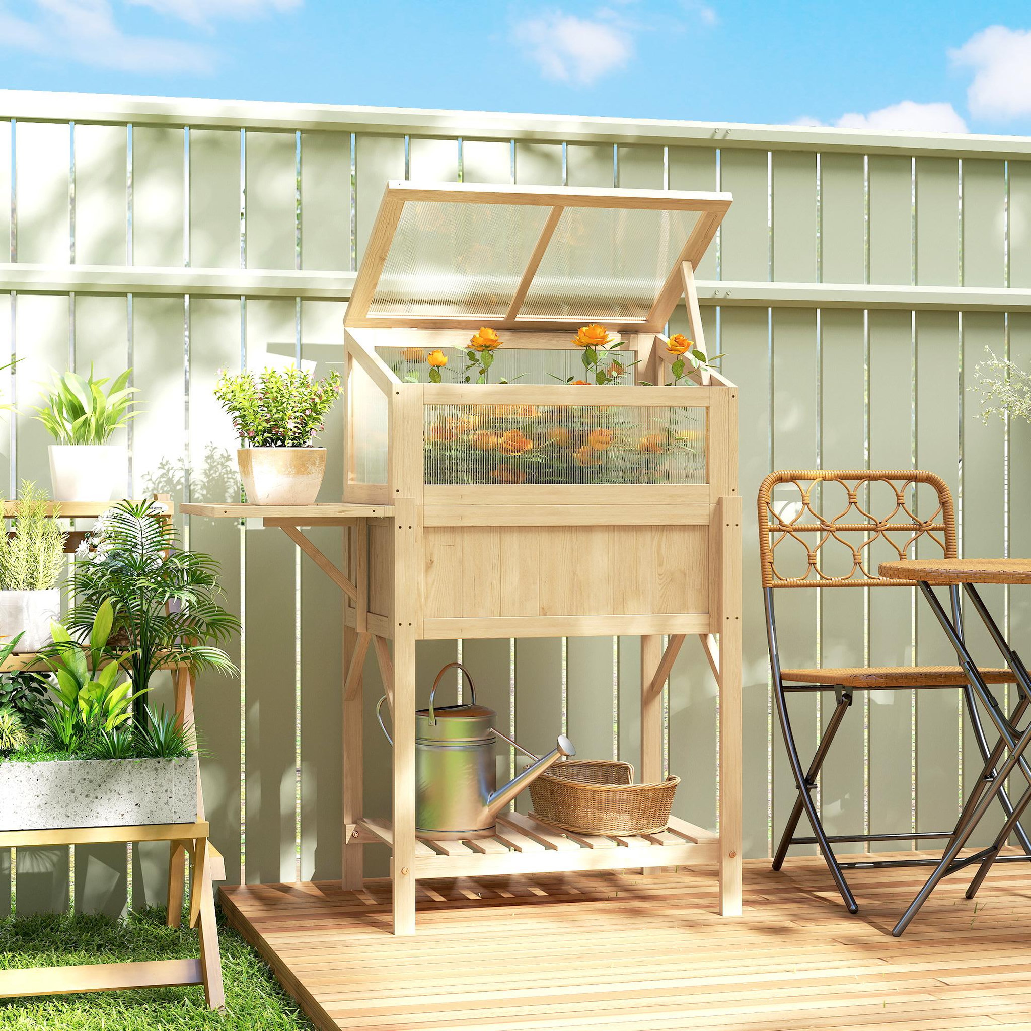 Voir la diapositive 2 : OUTSUNNY Carré potager sur pieds avec serre en bois naturel