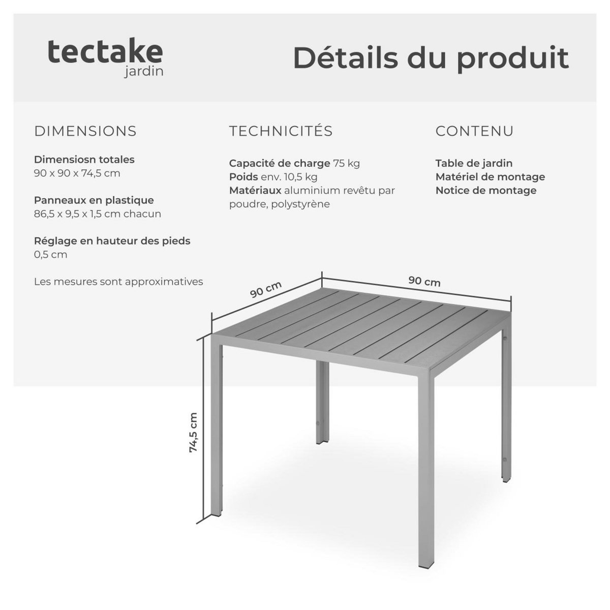 tectake Table de jardin en aluminium et plastique argent