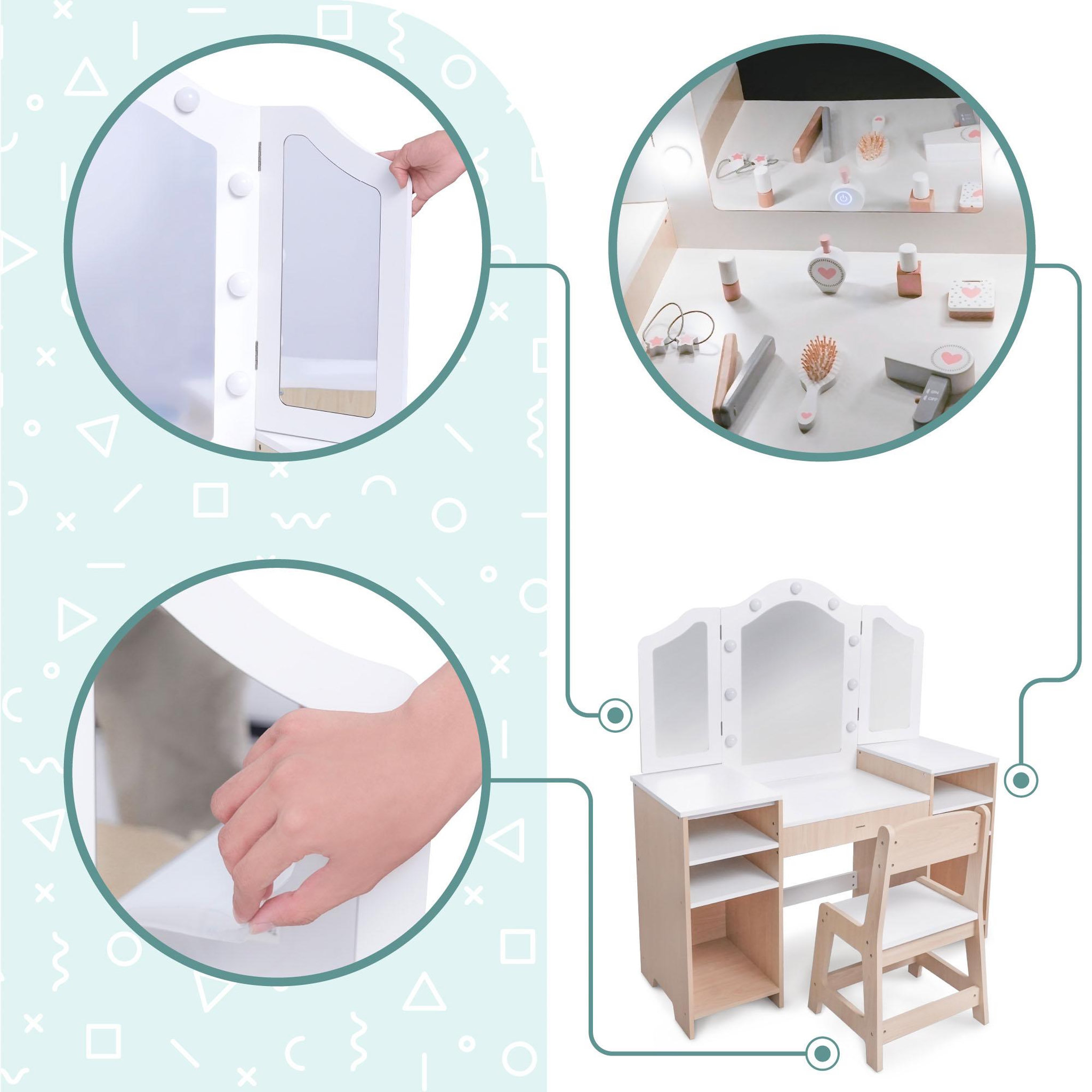 Voir la diapositive 3 : MAMABRUM Coiffeuse Enfant en Bois MAMABRUM avec Chaise, Miroir et Éclairage LED, 9 Accessoires