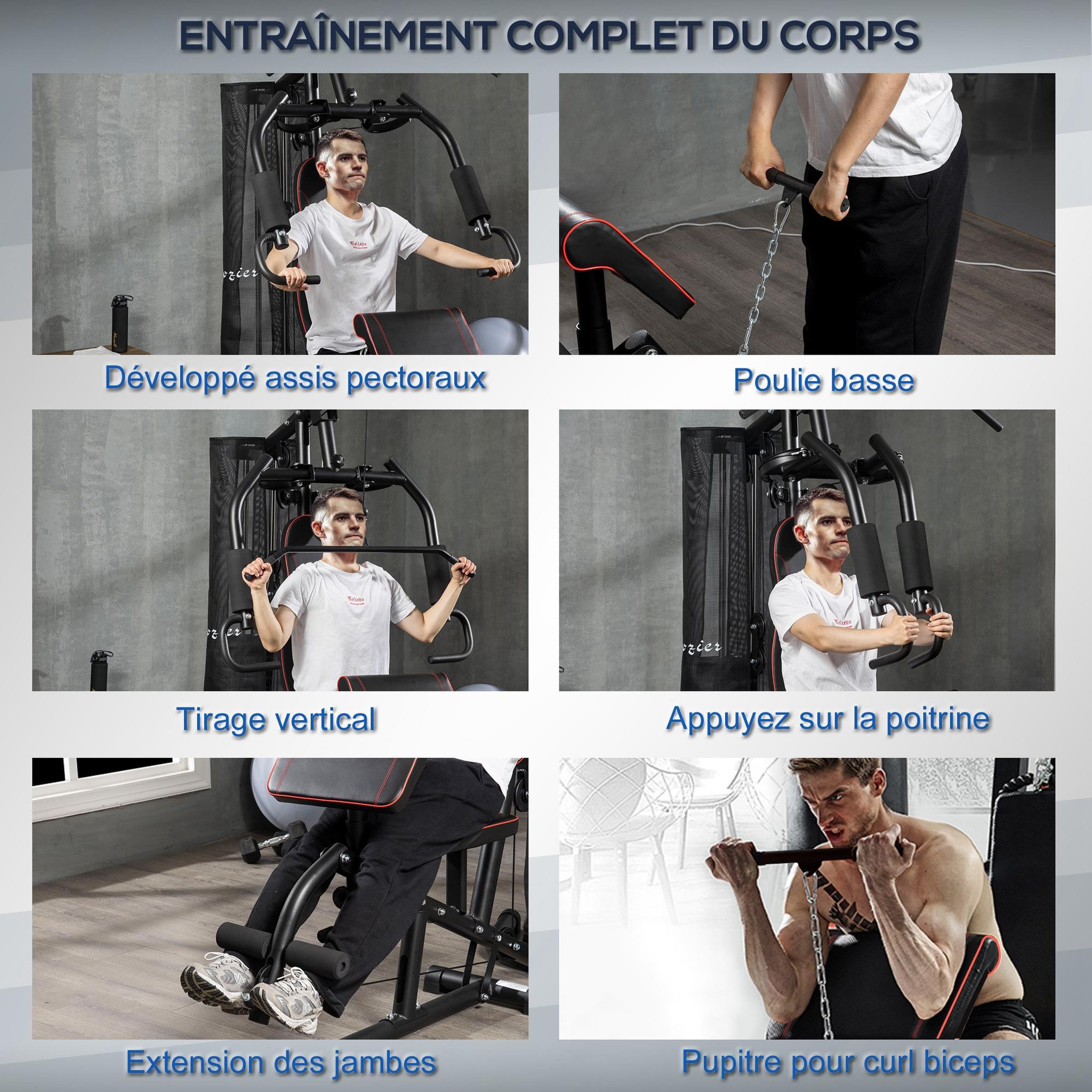 Voir la diapositive 4 : HOMCOM Station de musculation - entrainement complet - développé couché, butterfly, barre latissimus, curler, bande résistance, 10 contrepoids - acier noir rouge