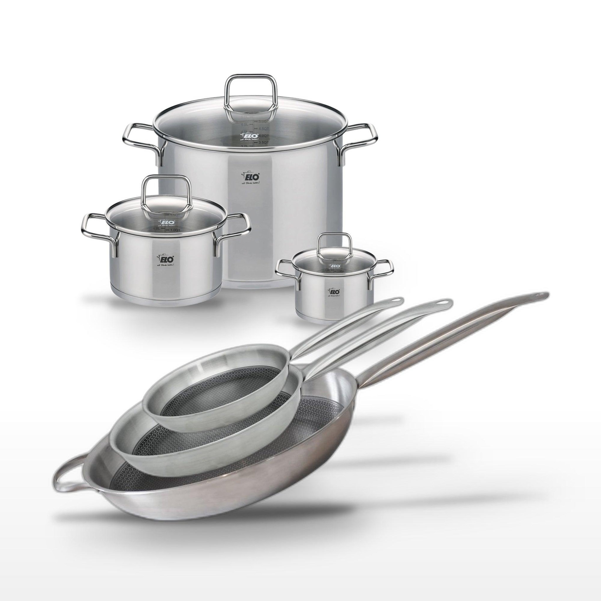 ELO Batterie de cuisine avec 3 poêles 24/28/32 cm et 3 faitouts 14/20/26 cm en inox sans pfas elo collection relief solution citrin
