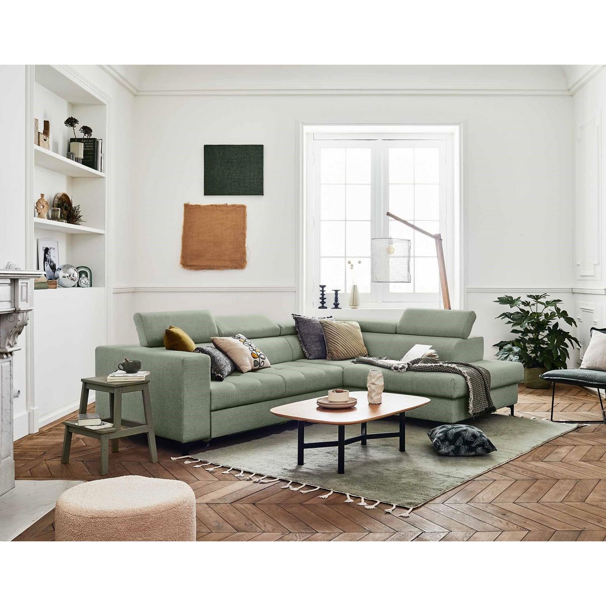 LISA DESIGN Olinda - canapé d'angle droit - 5 places - convertible avec coffre et têtières réglables - en tissu