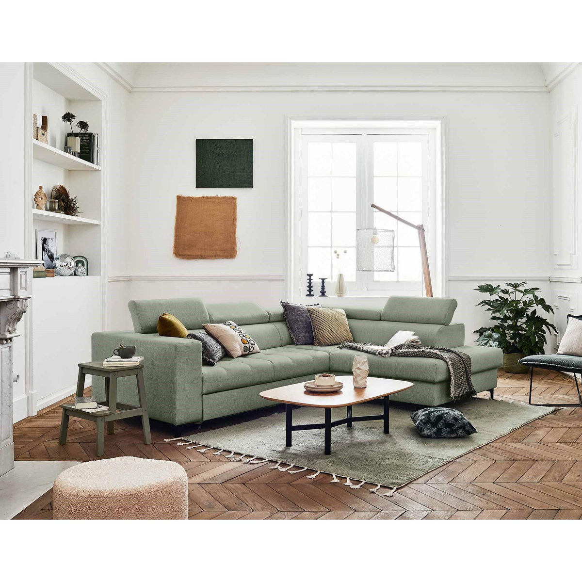 LISA DESIGN Olinda - canapé d'angle droit - 5 places - convertible avec coffre et têtières réglables - en tissu