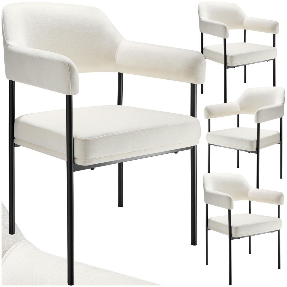 tectake Fauteuil rembourré Tissu blanc cassé/noir Lot de 4
