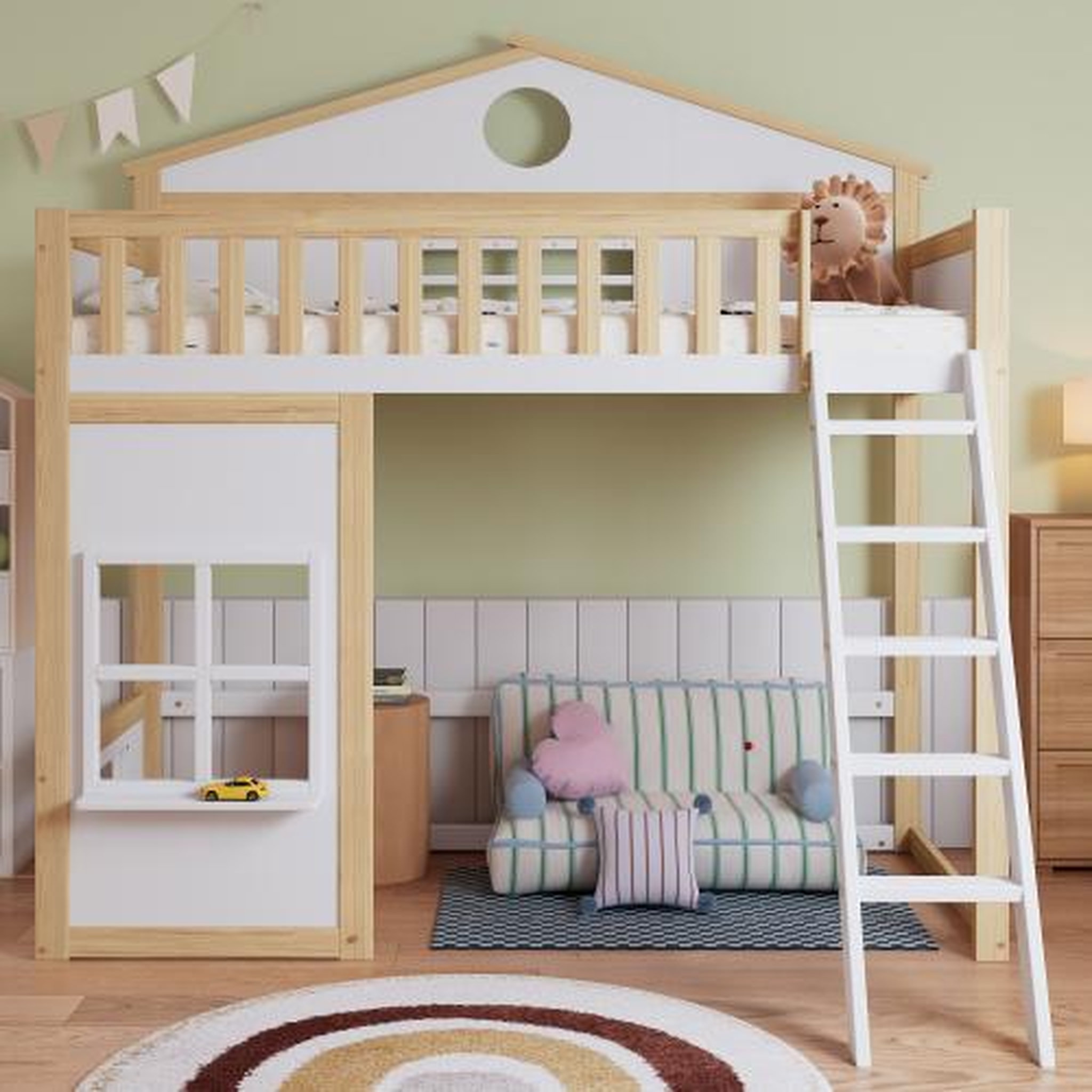 Voir la diapositive 2 : MERAX Lit combiné enfant 90x200cm coloris blanc+naturel bois massif