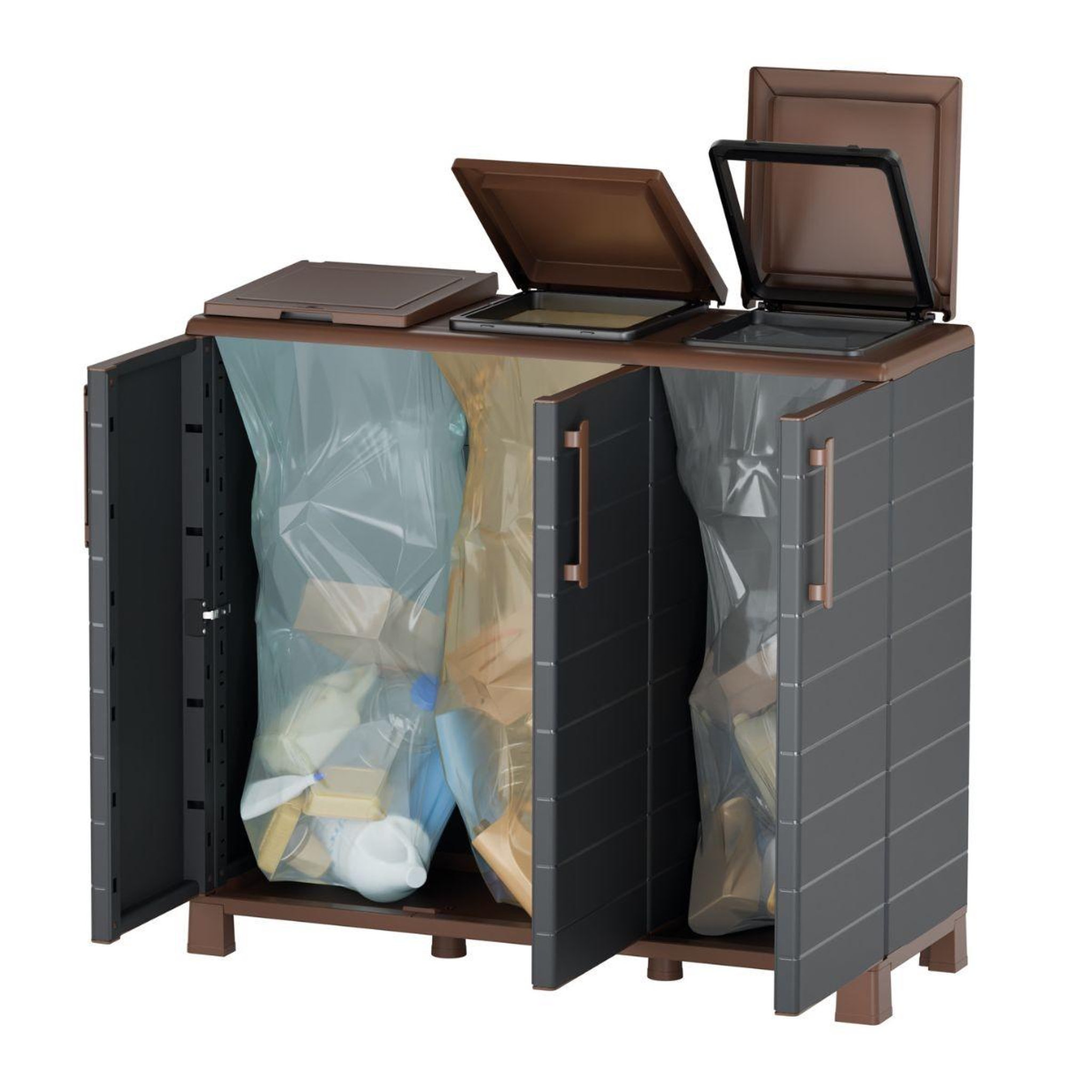 Voir la diapositive 4 : ART PLAST Armoire de tri 3 portes cache poubelle de tri sélectif 102 x 37 x 90 cm intérieur extérieur art plast