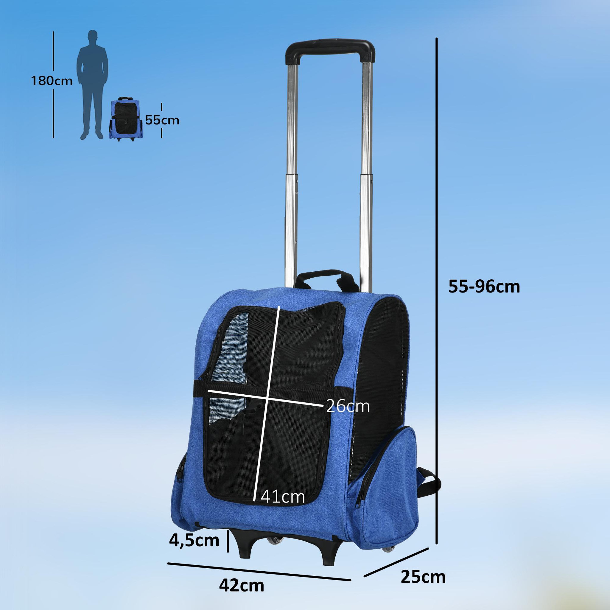Voir la diapositive 3 : PAWHUT 2 en 1 trolley chariot sac à dos sac de transport à roulettes pour chien chat bleu