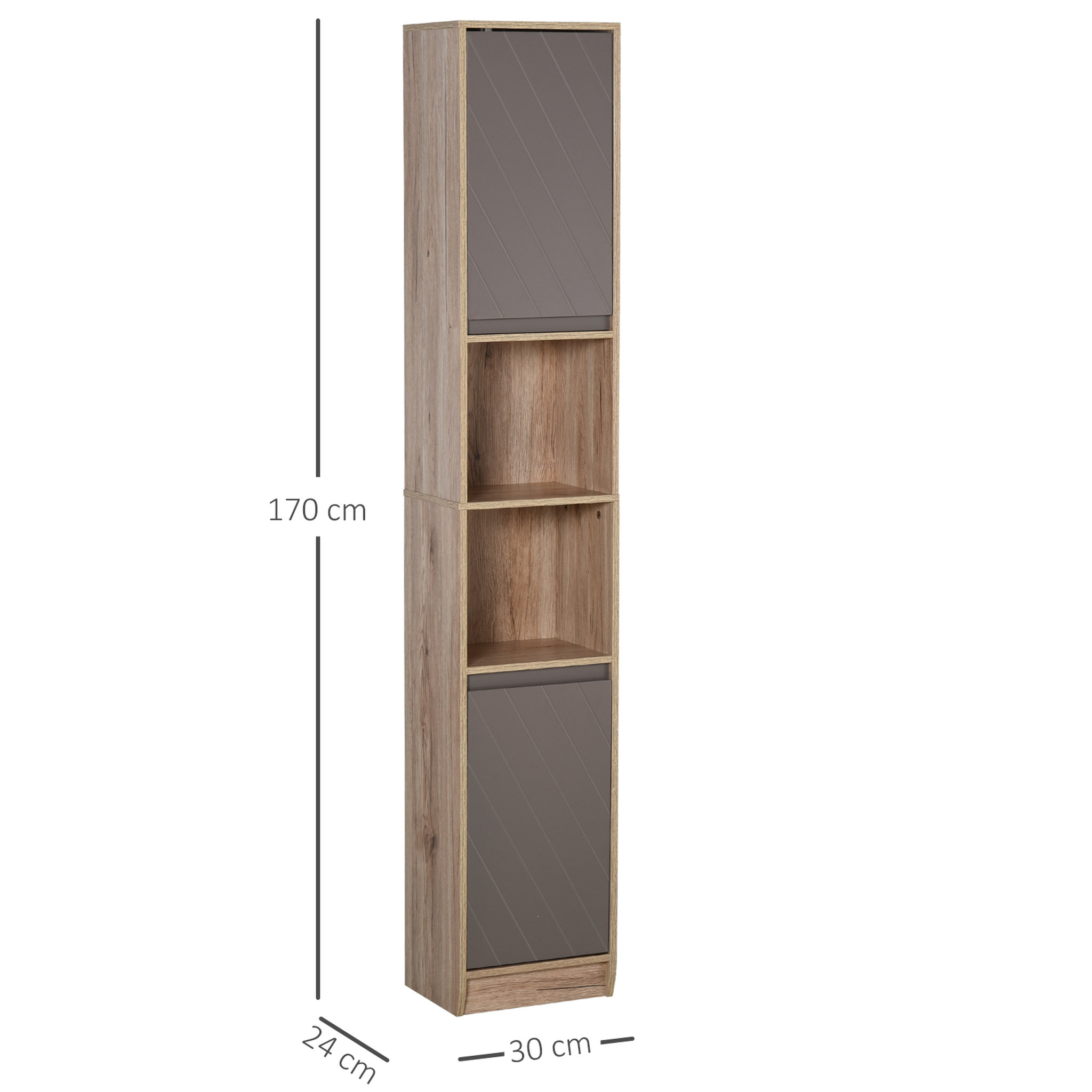 Voir la diapositive 3 : HOMCOM Meuble colonne rangement salle de bain style cosy dim. 30L x 24l x 170H cm 2 portes étagère 2 niches chêne clair gris