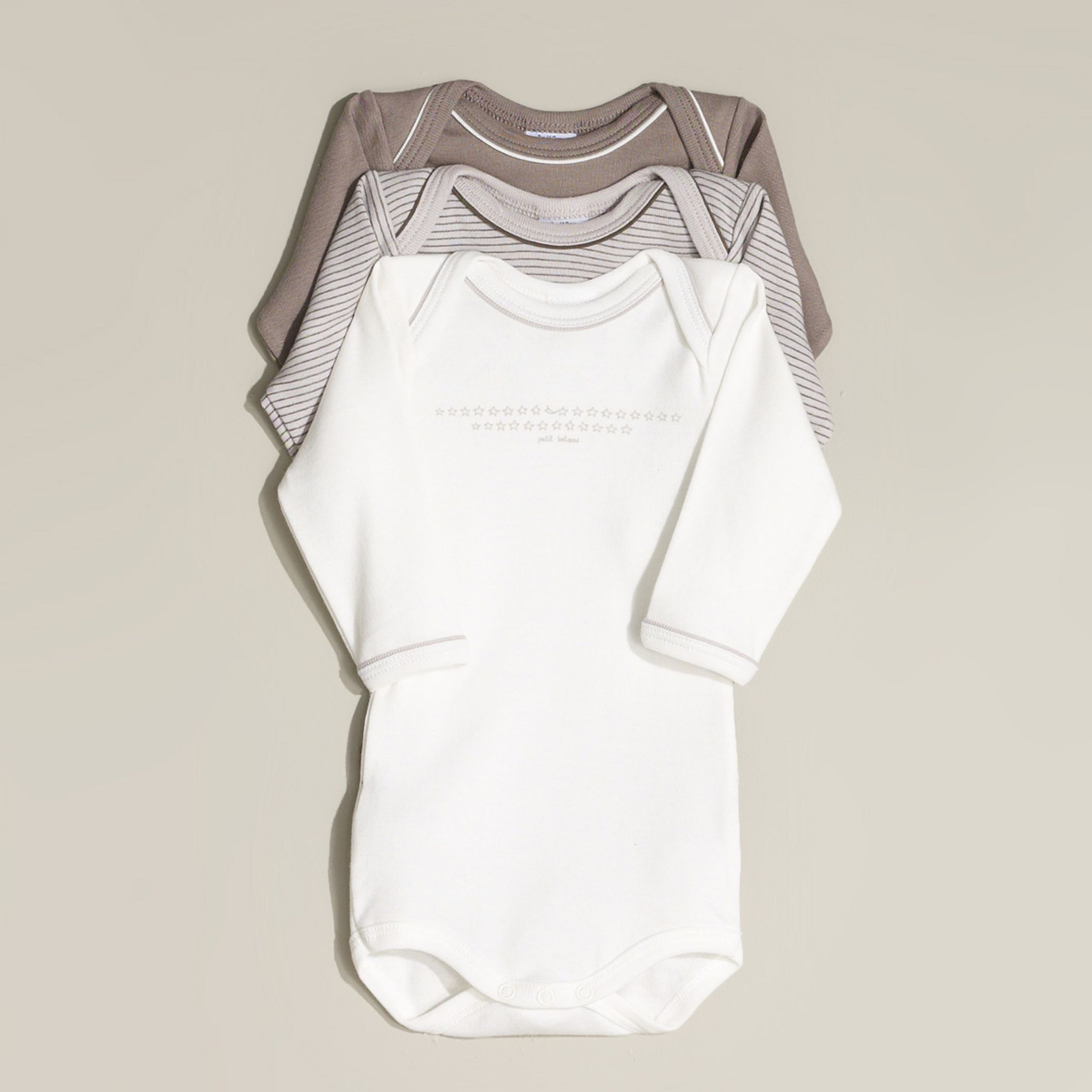 Petit Bateau Lot 3 Bodies Bébé Manches Longues Coton – Imprimé Étoiles + Uni + Rayé, Encolure Américaine