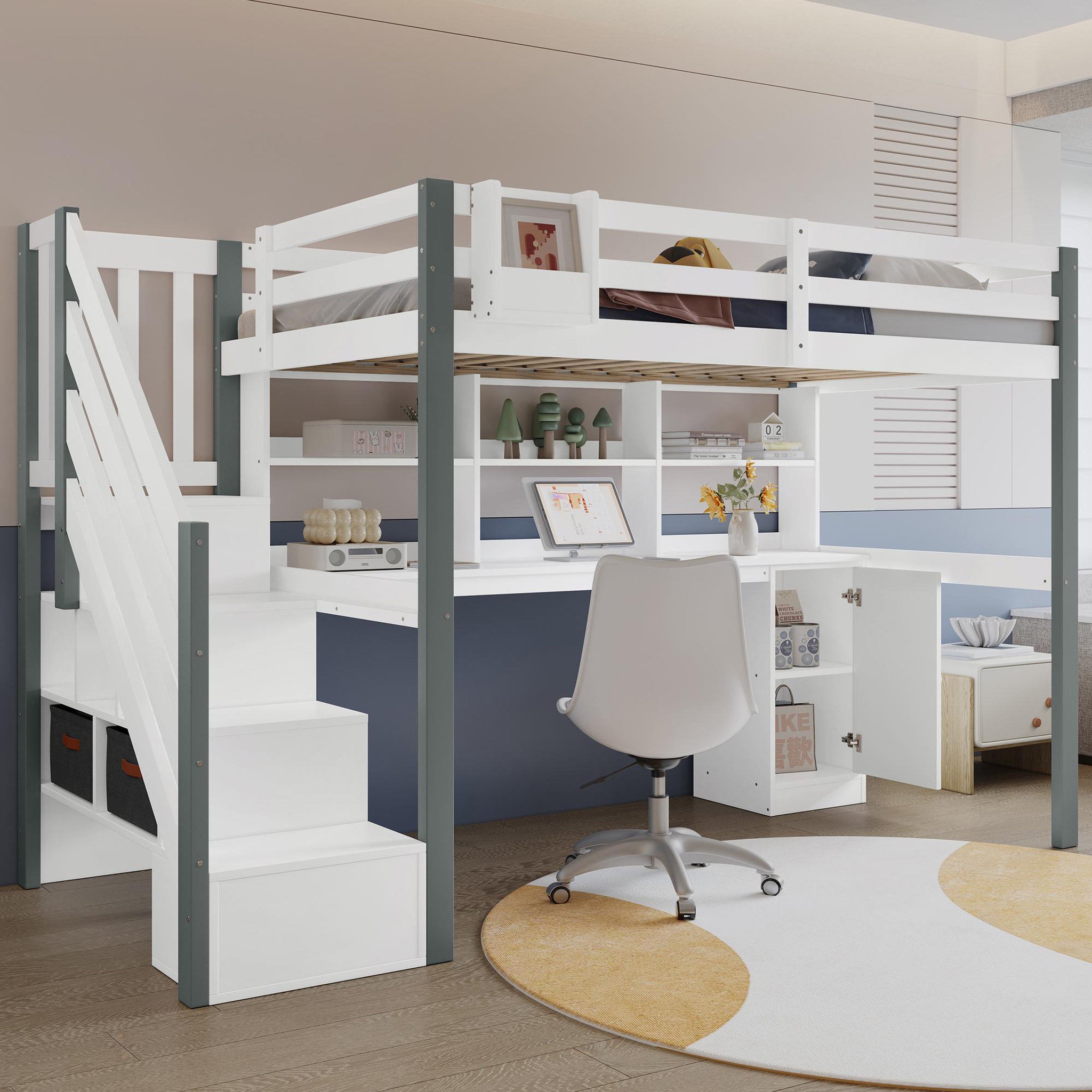 Voir la diapositive 4 : MERAX Lit combiné enfant 90x200cm bois et mdf coloris blanc+gris