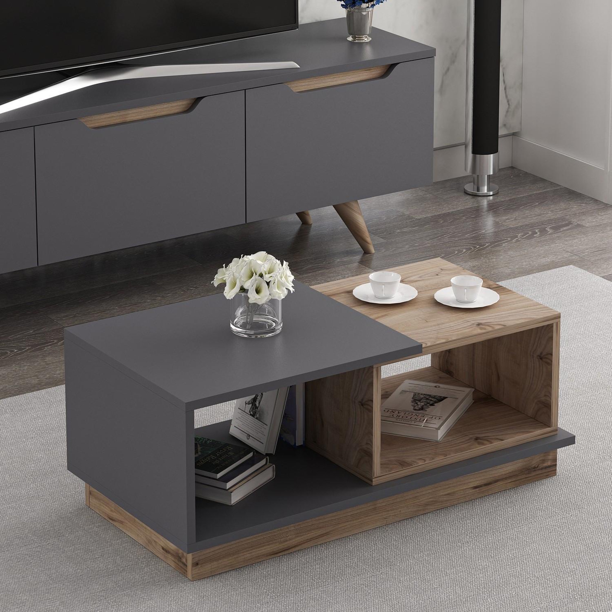 Voir la diapositive 3 : Habitat et Jardin Table basse en bois  consept  - 90 x 45 x 36 cm - gris anthracite