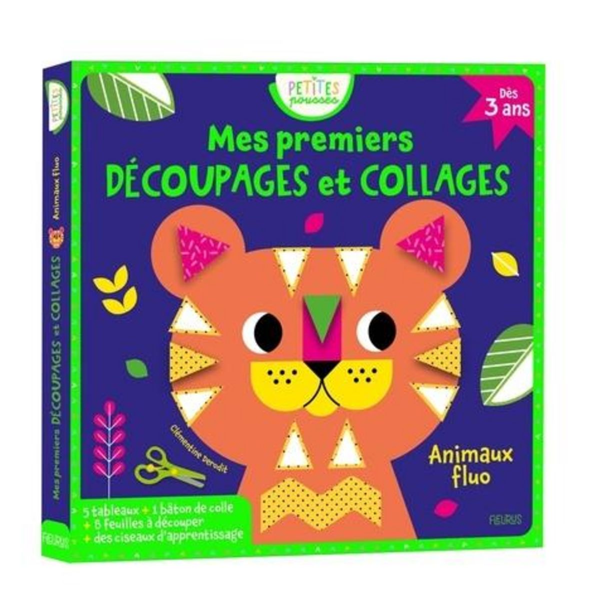 MES PREMIERS DECOUPAGES ET COLLAGES ANIMAUX FLUO. AVEC 5 TABLEAUX, 1 BATON DE COLLE, 1 PAIRE DE CISEAUX, 8 FEUILLES A DECOUPER, Dérodit Clémentine