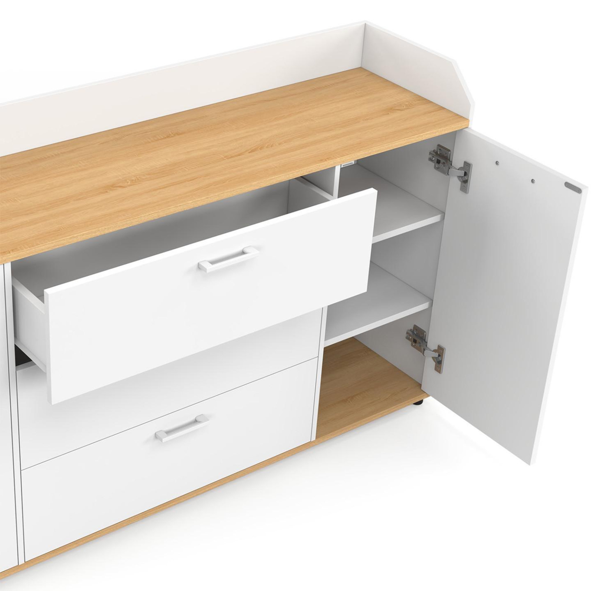 Voir la diapositive 6 : ID MARKET Buffet 140 cm jaba 4 portes avec rebord blanc et plateau bois façon hêtre