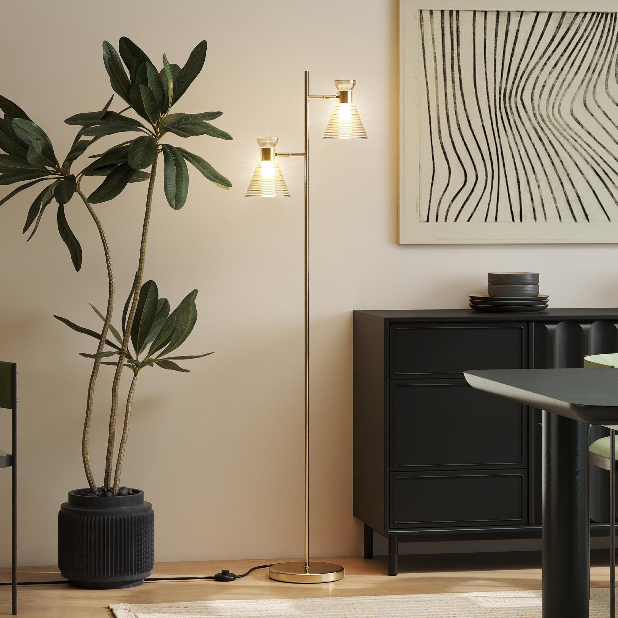 Voir la diapositive 2 : HOMCOM Lampadaire sur pied design H.165cm double tête réglable verre conique métal doré