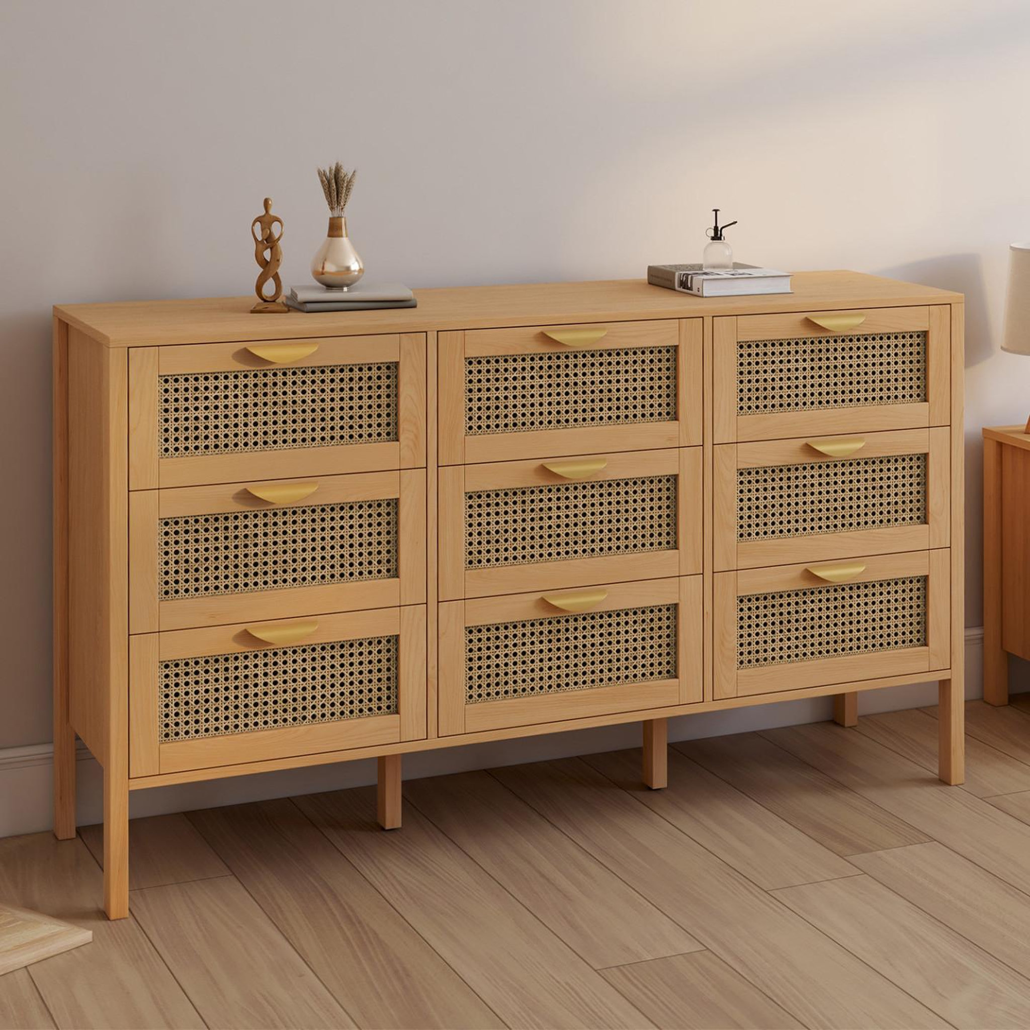 Voir la diapositive 2 : ID MARKET Commode 9 tiroirs edhen xxl 136 cm bois et cannage