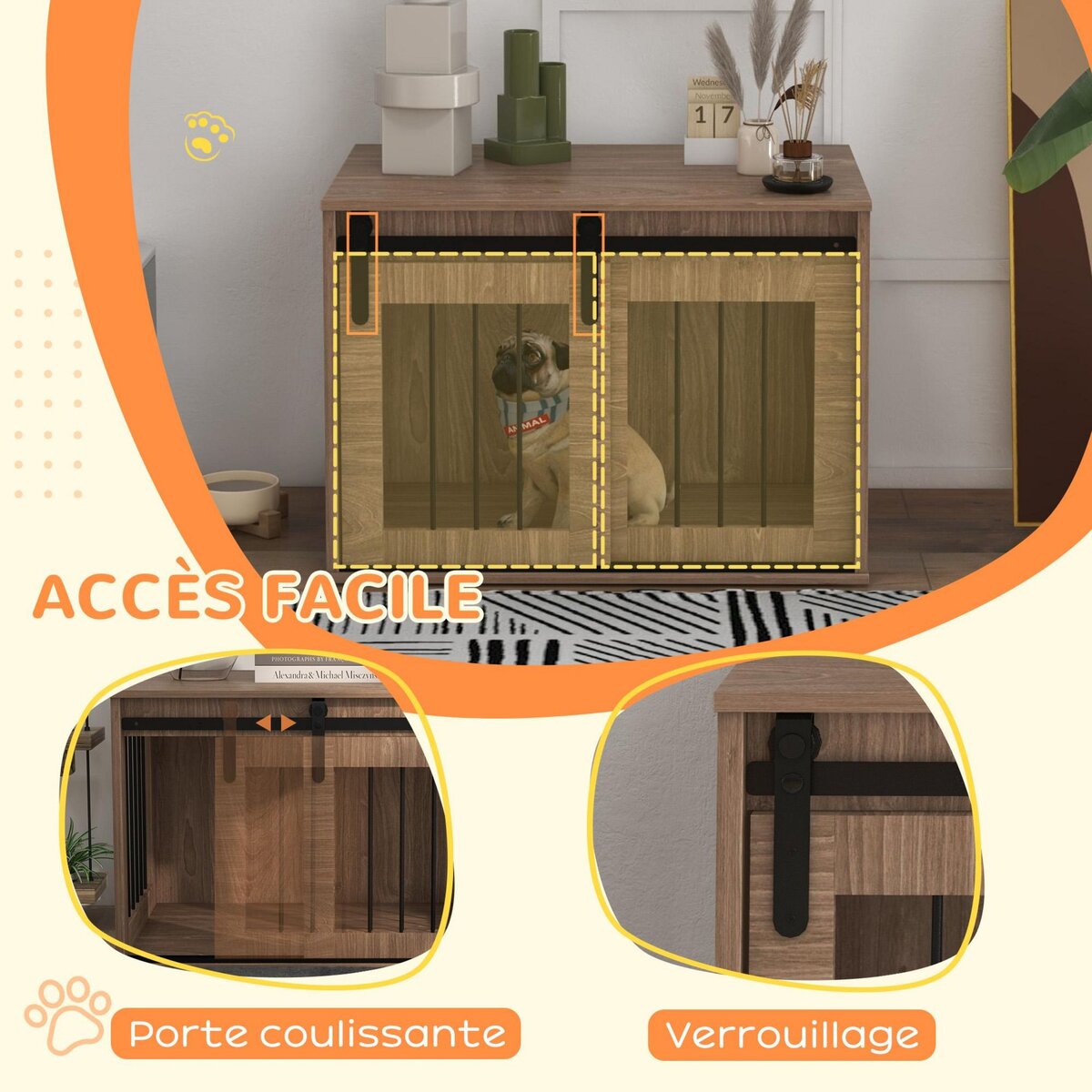 PAWHUT Cage pour chien animaux style indisutriel - porte coulissante verrouillable - acier noir panneaux aspect bois