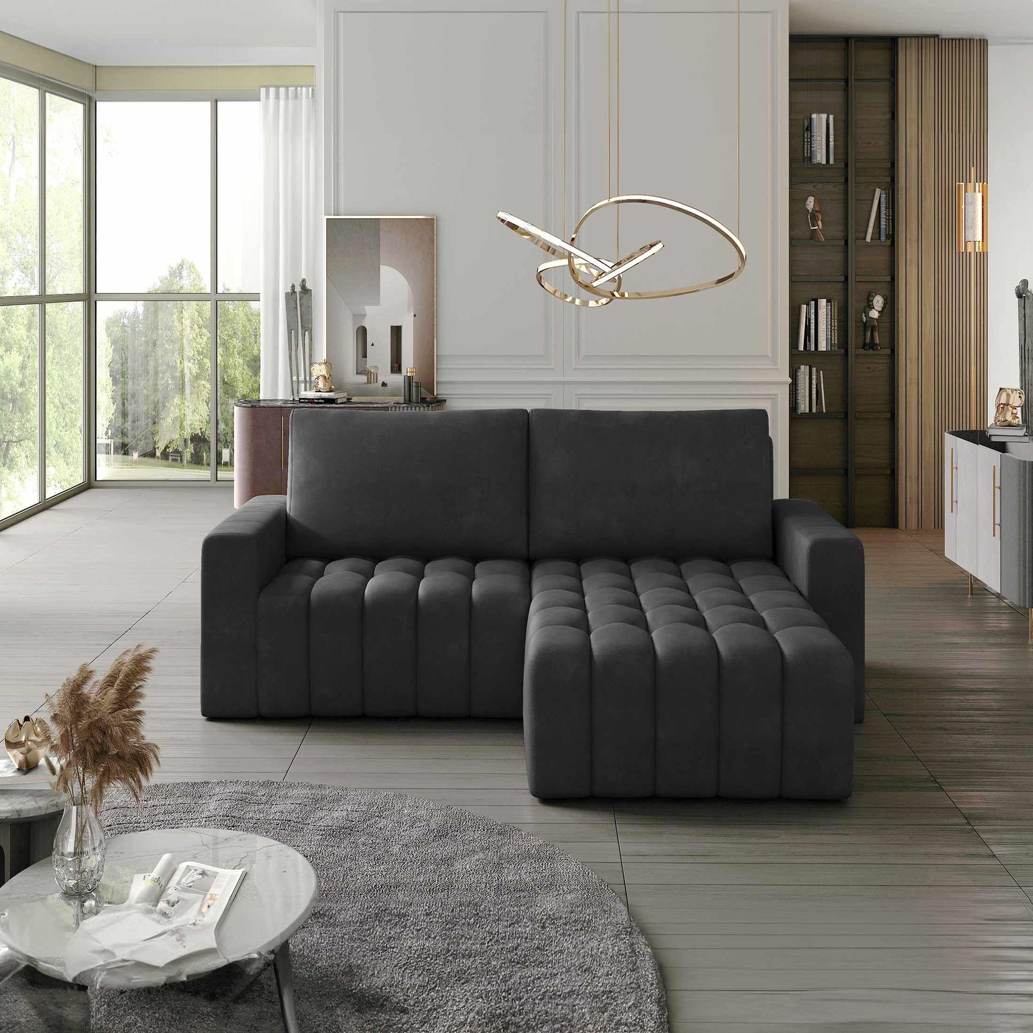 Voir la diapositive 1 : BEST MOBILIER Cordova - canapé d'angle droit 4 places convertible avec coffre en velours