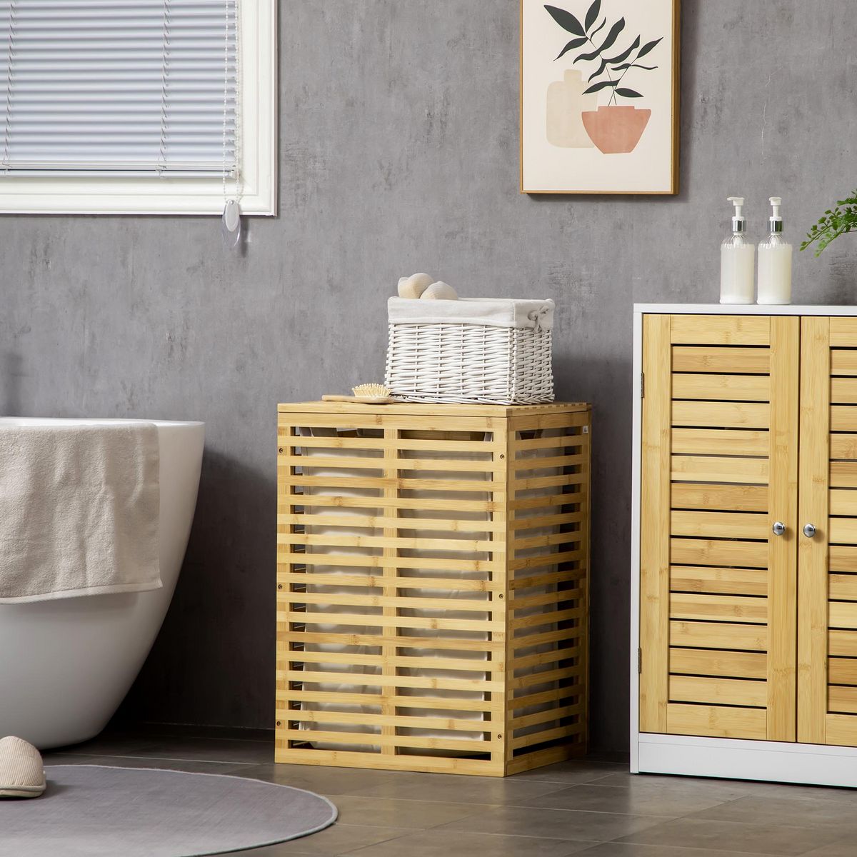 HOMCOM Panier à linge corbeille à linge bac à linge bambou couvercle sac amovible polyester beige