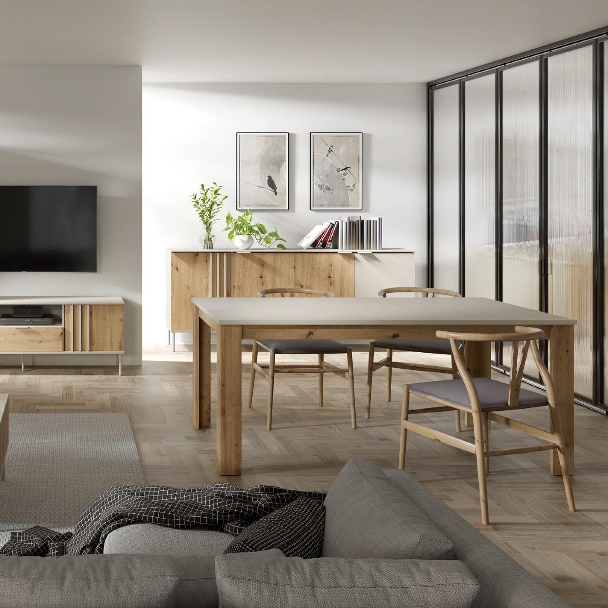 Voir la diapositive 3 : JLC KREATION Table de salle à manger moderne beige et bois 180cm irina