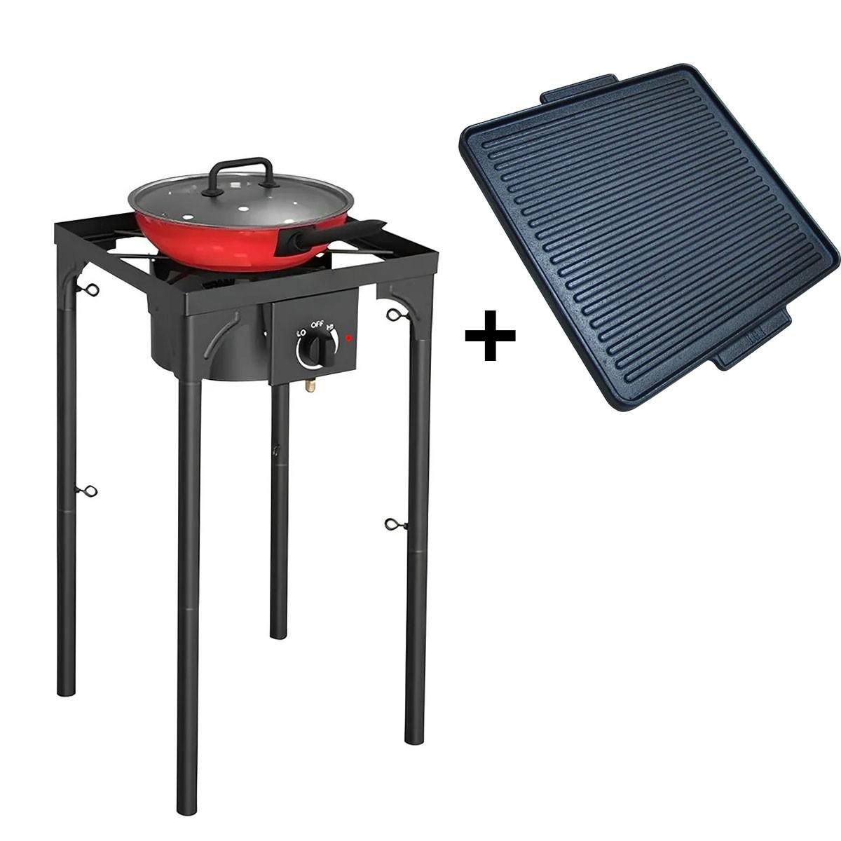 INTEC Réchaud à Gaz 1 feu Barbecue grill 4,5kW 2en1 Bruleur fonte + Plaque Grill Fonte 40×40cm 3 hauteurs modulables Piezo INTEC