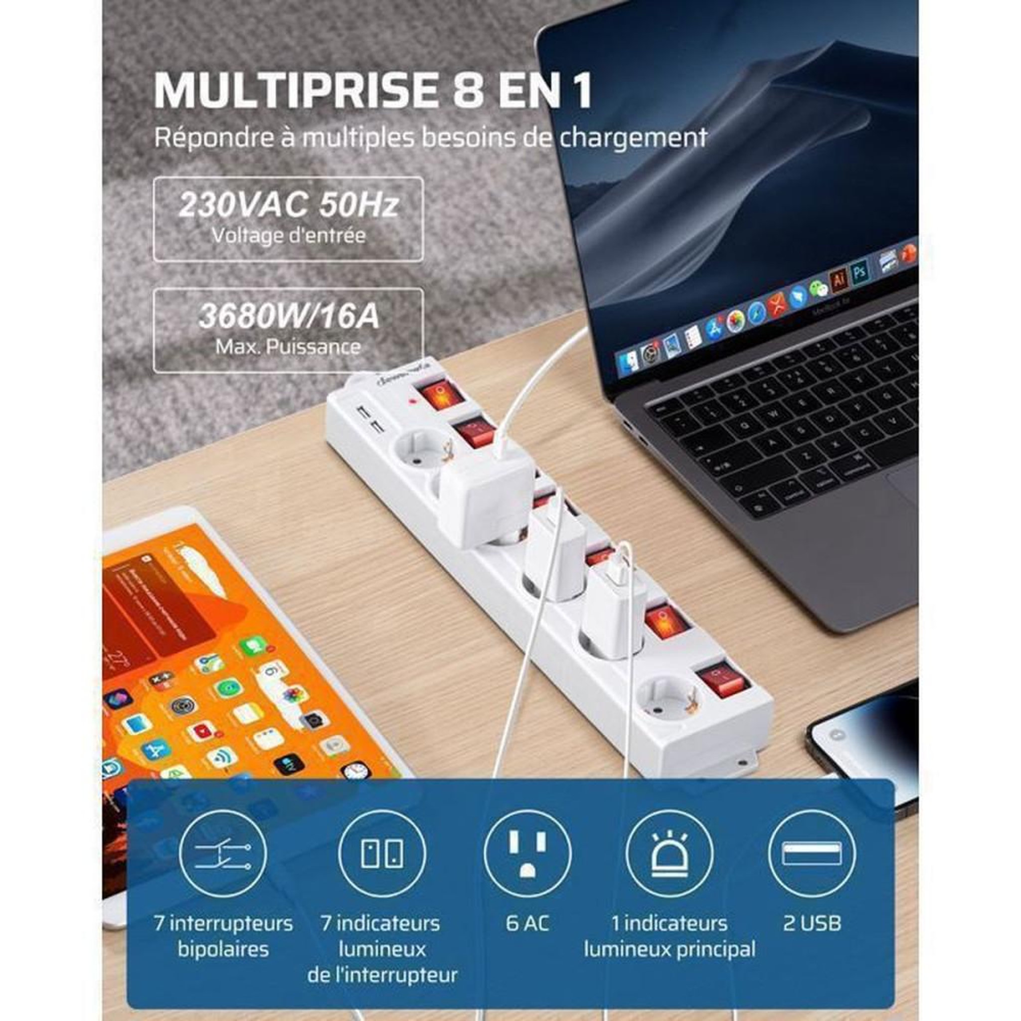 Voir la diapositive 4 : Multiprise parafoudre blanc 6 prises secteur + 2 USB 16A 3680W, câble 3 m, 7 interrupteurs bipolaires avec voyants LED