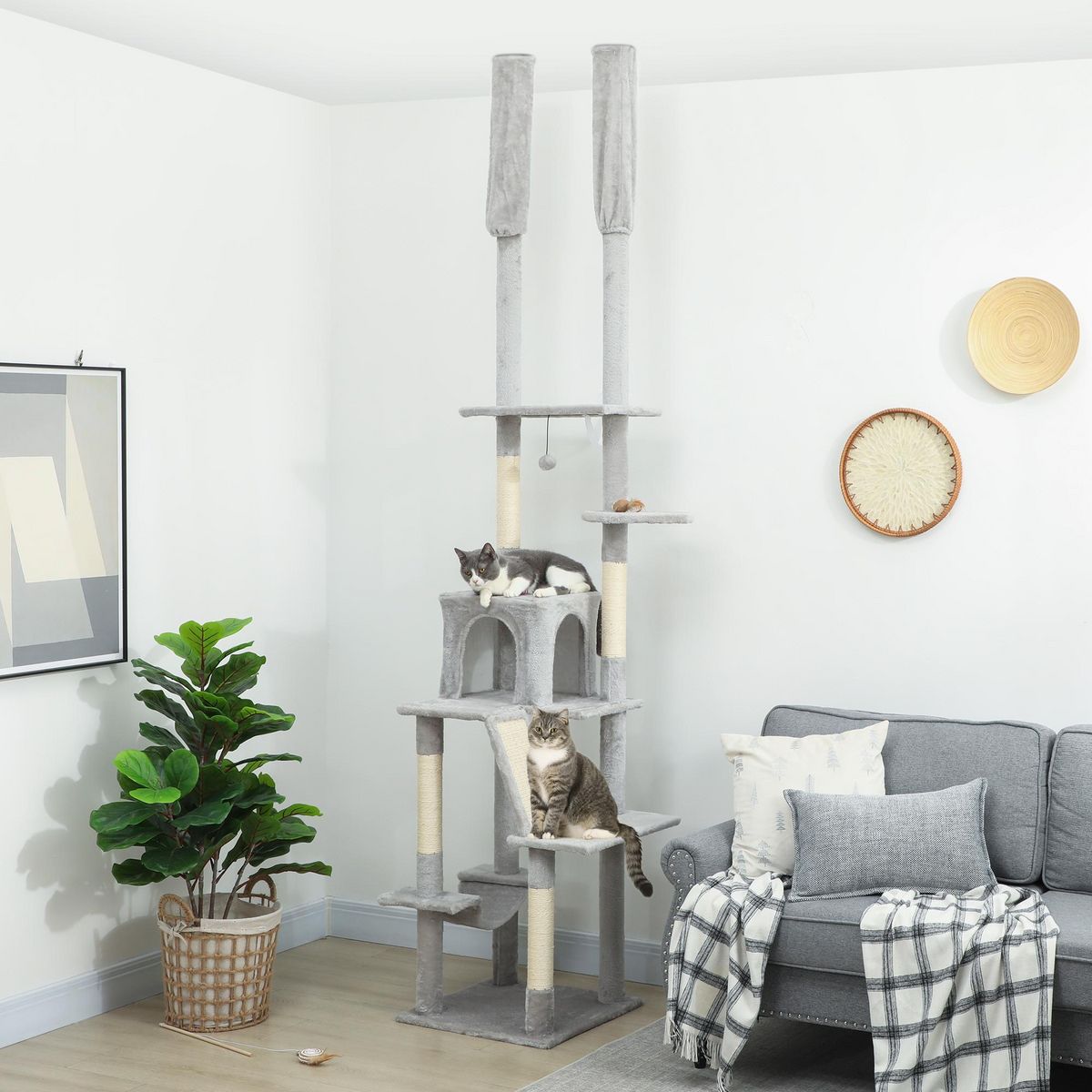 PAWHUT Arbre à chat du sol au plafond XXL, hauteur réglable 225-255 cm, griffoir pour chat en sisal à 6 niveaux avec niche, hamac, plates-formes, échelle et 2 pompons suspendues, gris clair