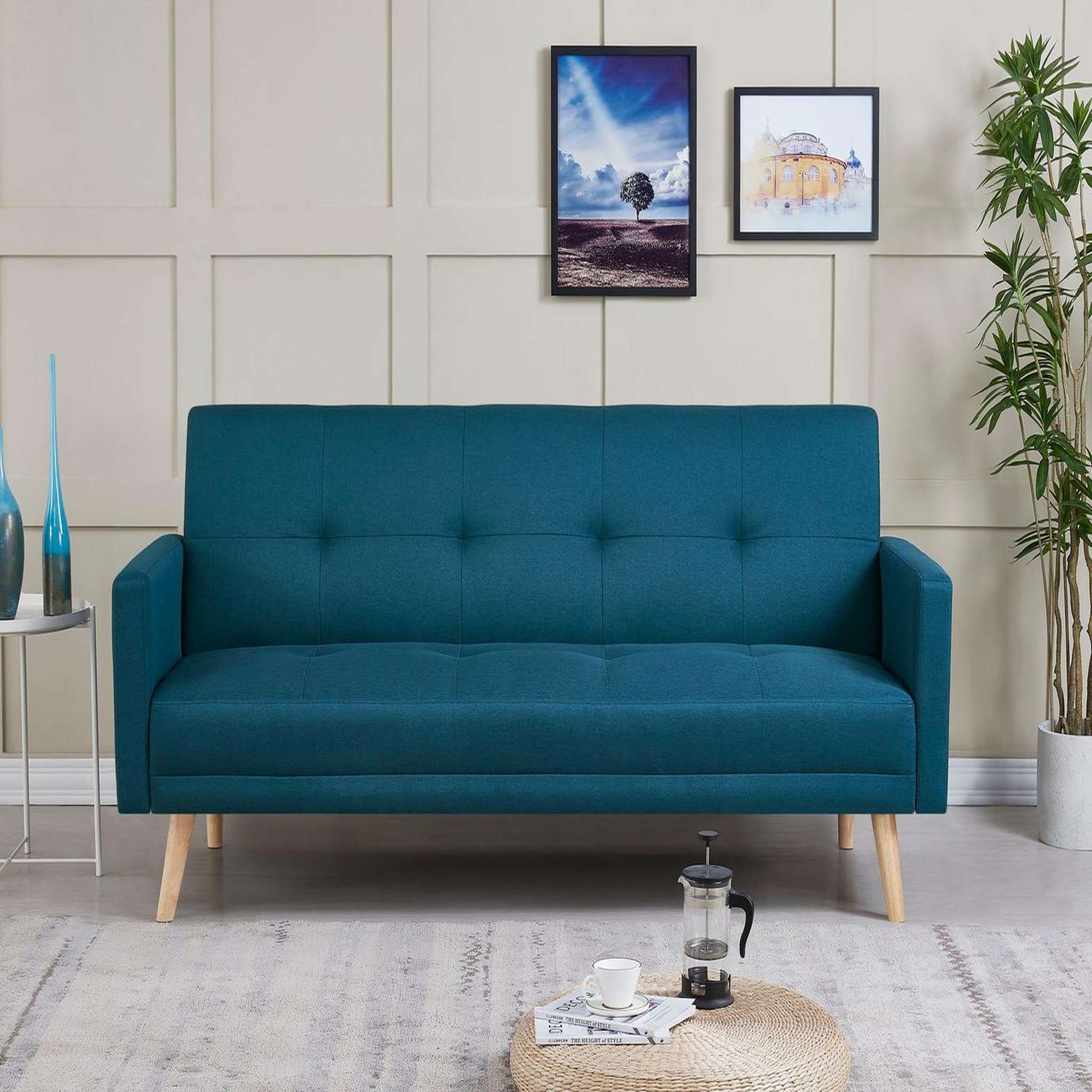 Voir la diapositive 2 : CONCEPT USINE Canapé scandinave convertible 3 places en tissu bleu canard wooden