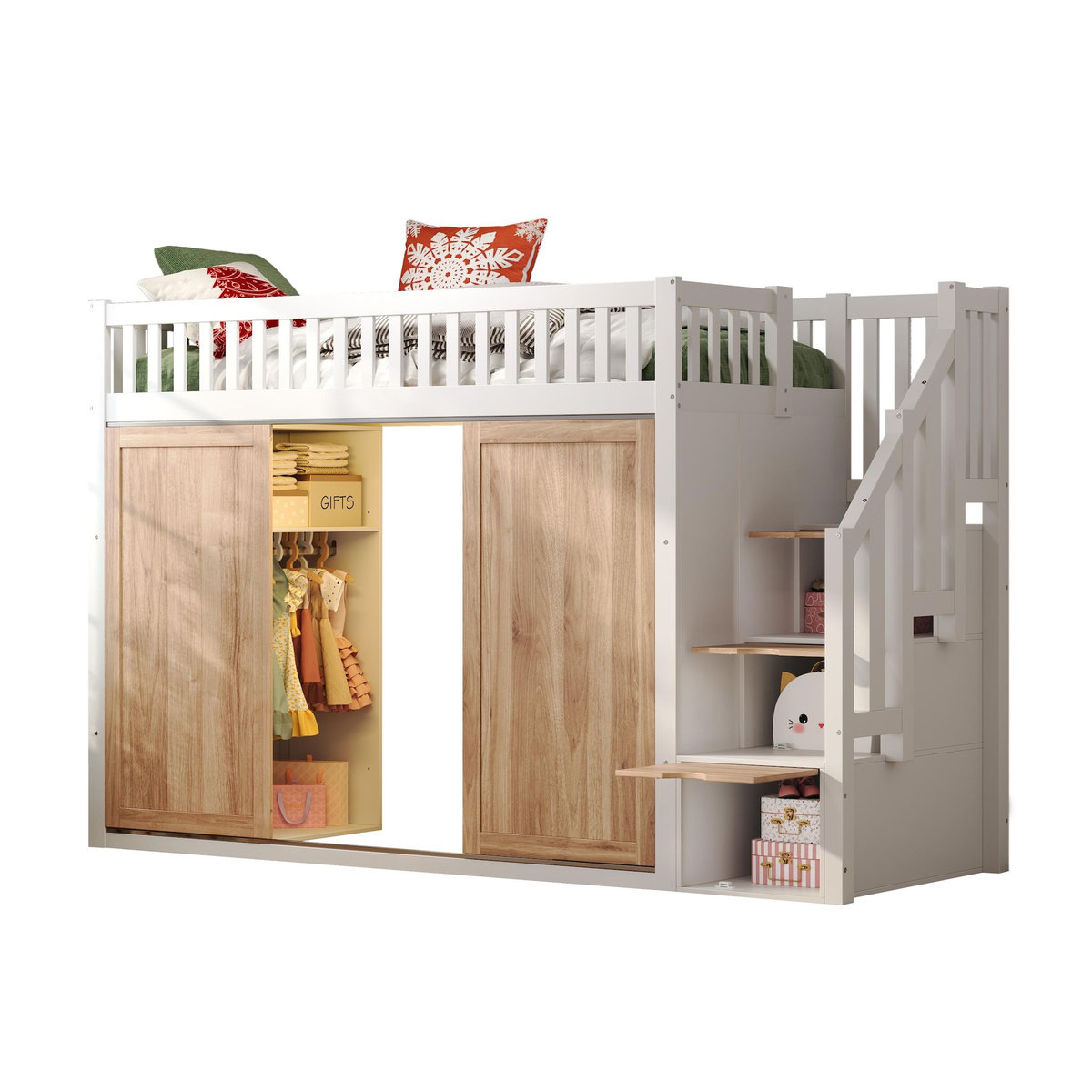 MERAX Lit combiné enfant 90x200 cm coloris blanc+naturel bois massif