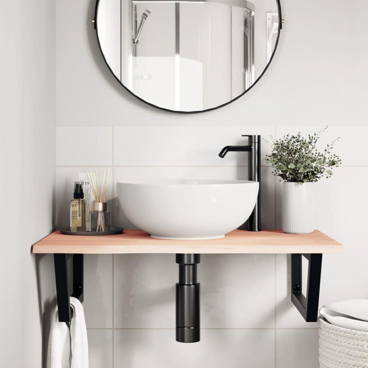 VIDAXL Etagere de vasque murale acier et bois de chene massif