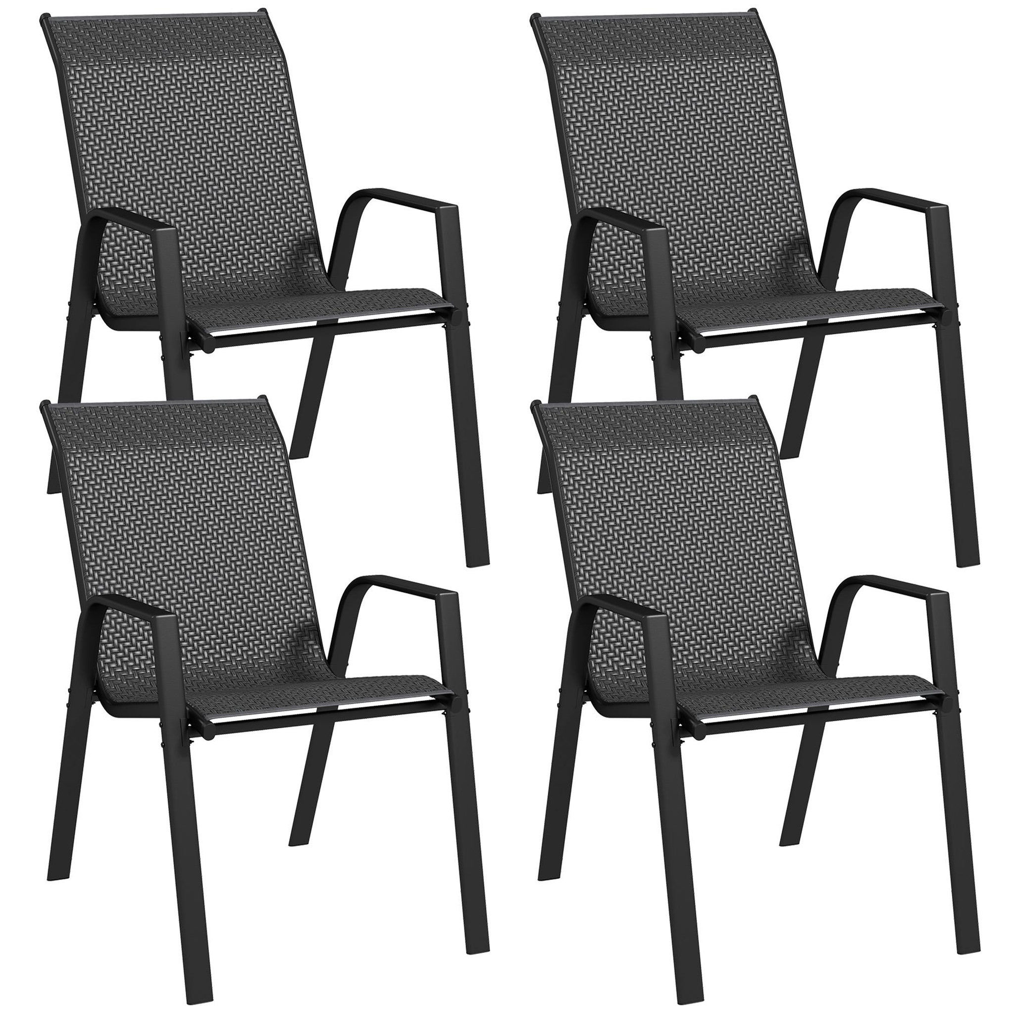 Voir la diapositive 1 : OUTSUNNY Lot de 4 chaises de jardin empilables - accoudoirs - design - acier époxy noir résine tressée grise