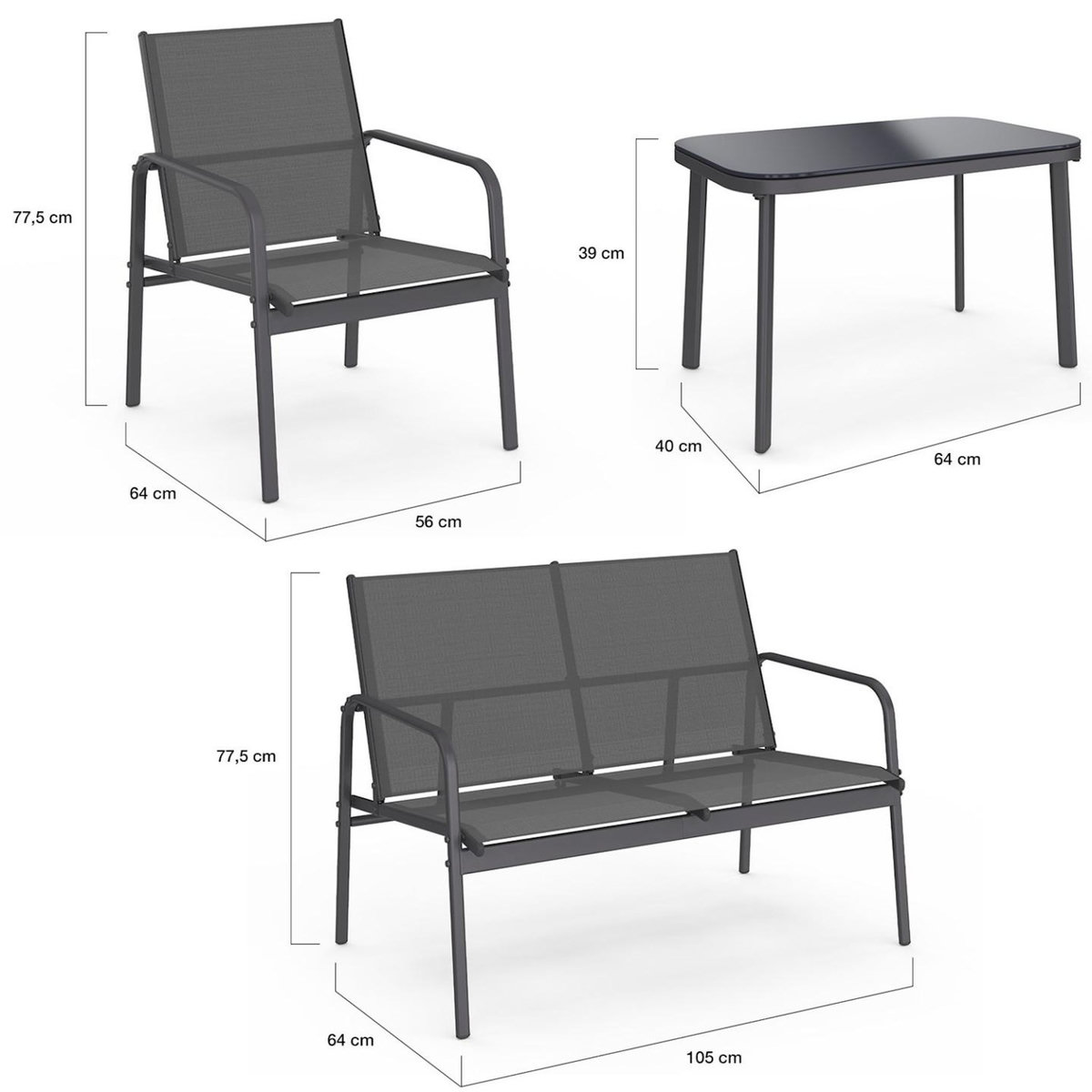ID MARKET Salon de jardin bas TOLEDE 4 places avec canapé, fauteuils et table gris anthracite