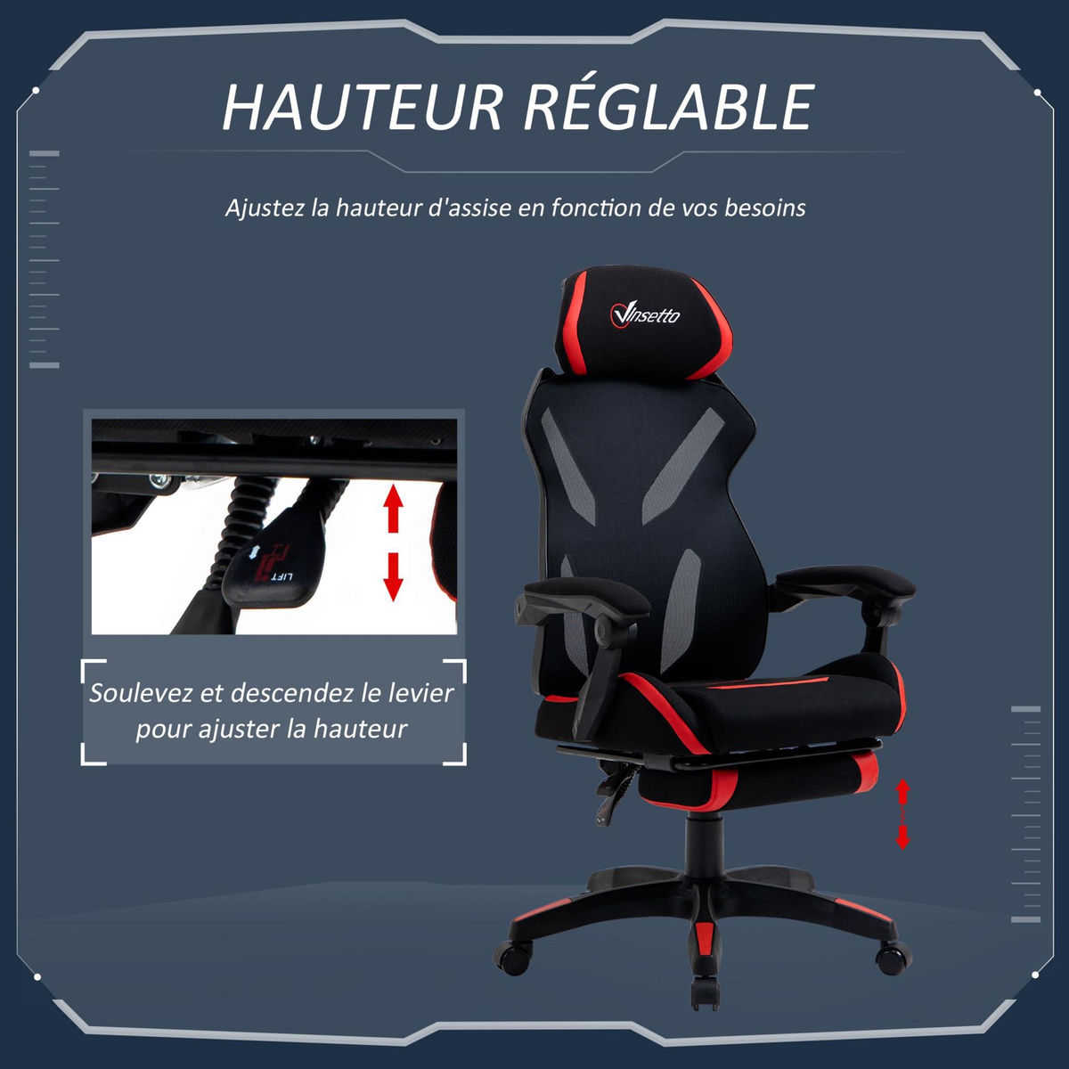 VINSETTO Vinsetto Fauteuil gaming chaise gamer réglable pivotant dossier inclinable repose-pied polyester rouge noir