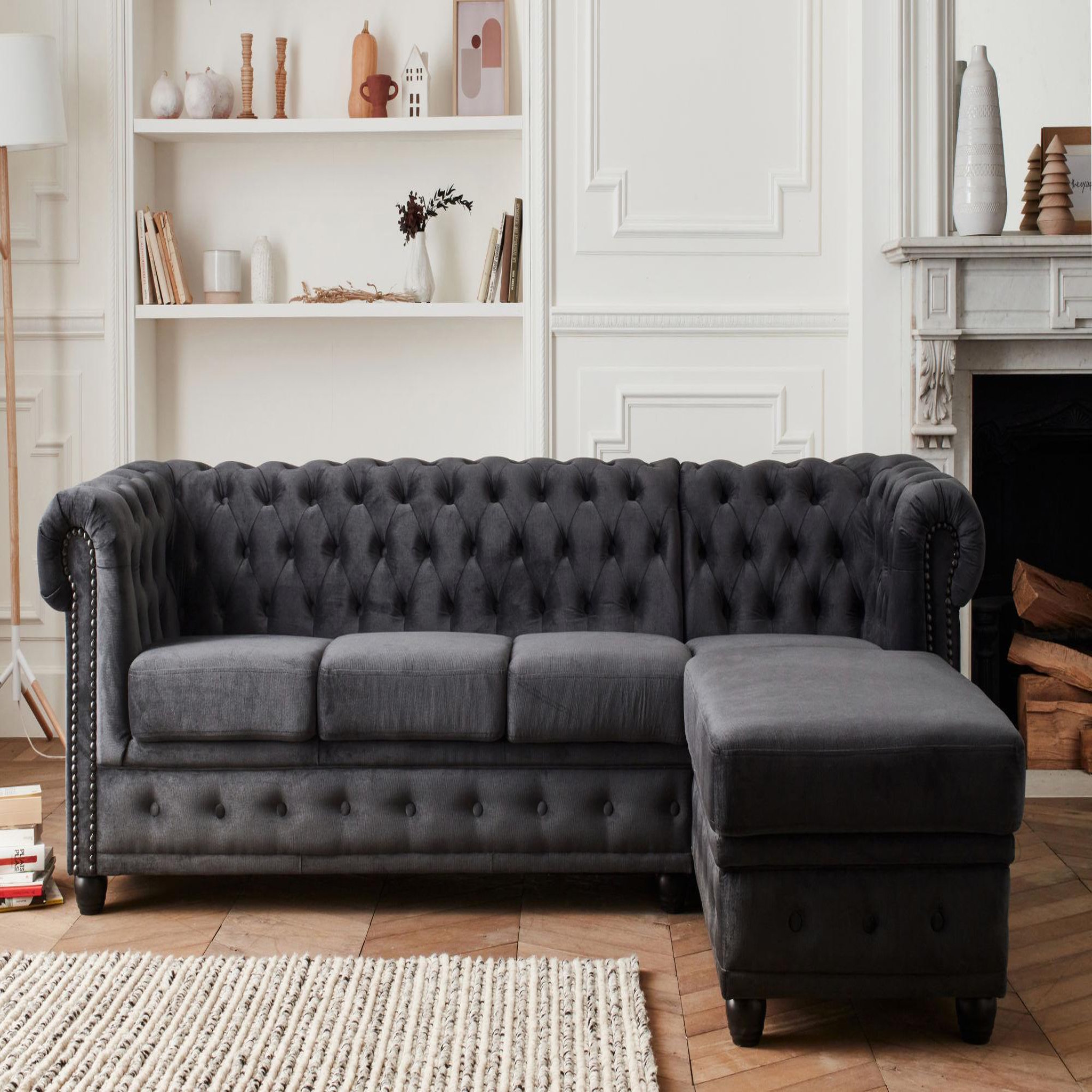 Voir la diapositive 2 : LISA DESIGN William - canapé chesterfield d'angle droit - 4 places - en velours