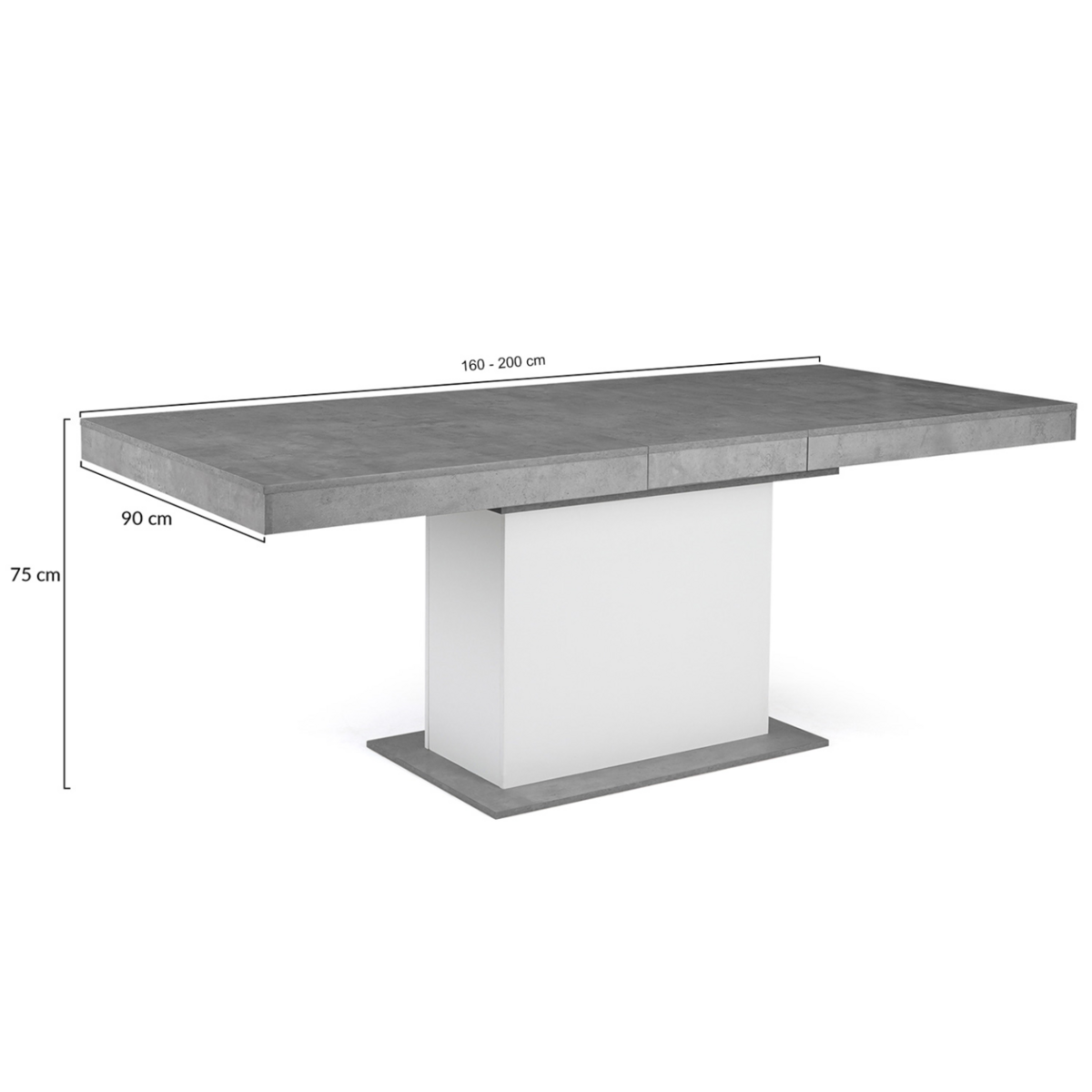 ID MARKET Table à manger extensible rectangle EDEN 6-10 personnes béton et blanc 160-200 cm